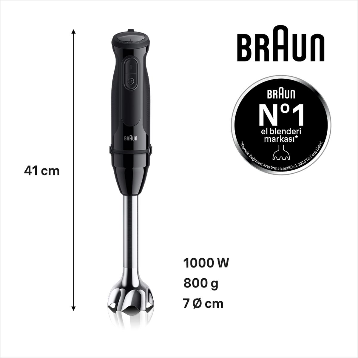 Siyah Braun el blenderi, 41 cm boyunda, 1000 W, 800 g, 7 cm çapında.