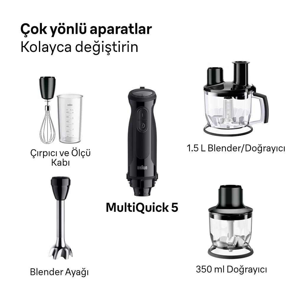 Braun MultiQuick 5 el blenderı aparatları: çırpıcı, ölçü kabı, 1,5L ve 350ml doğrayıcı.