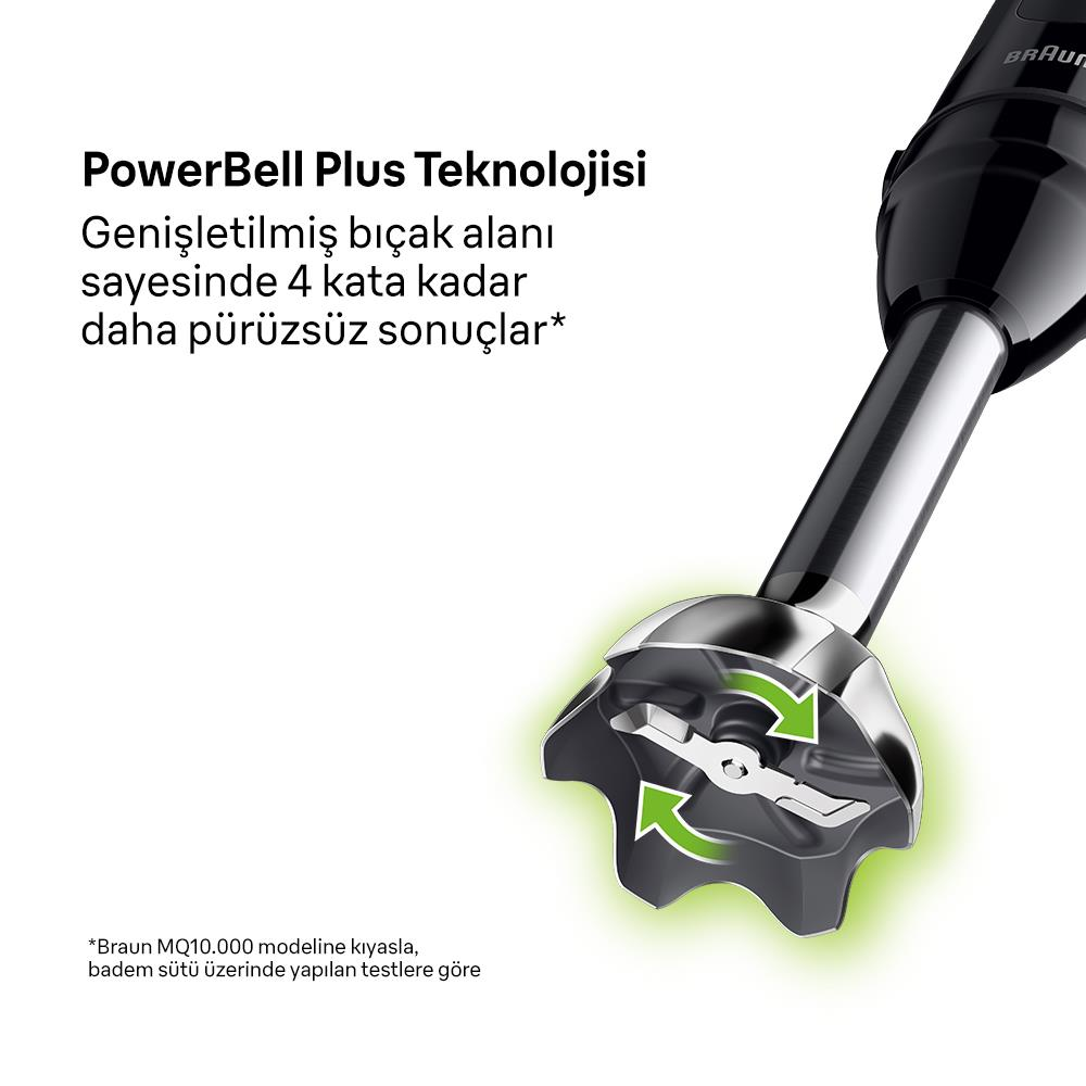 Daha geniş bıçaklı PowerBell Plus teknolojisine sahip siyah el blenderı.