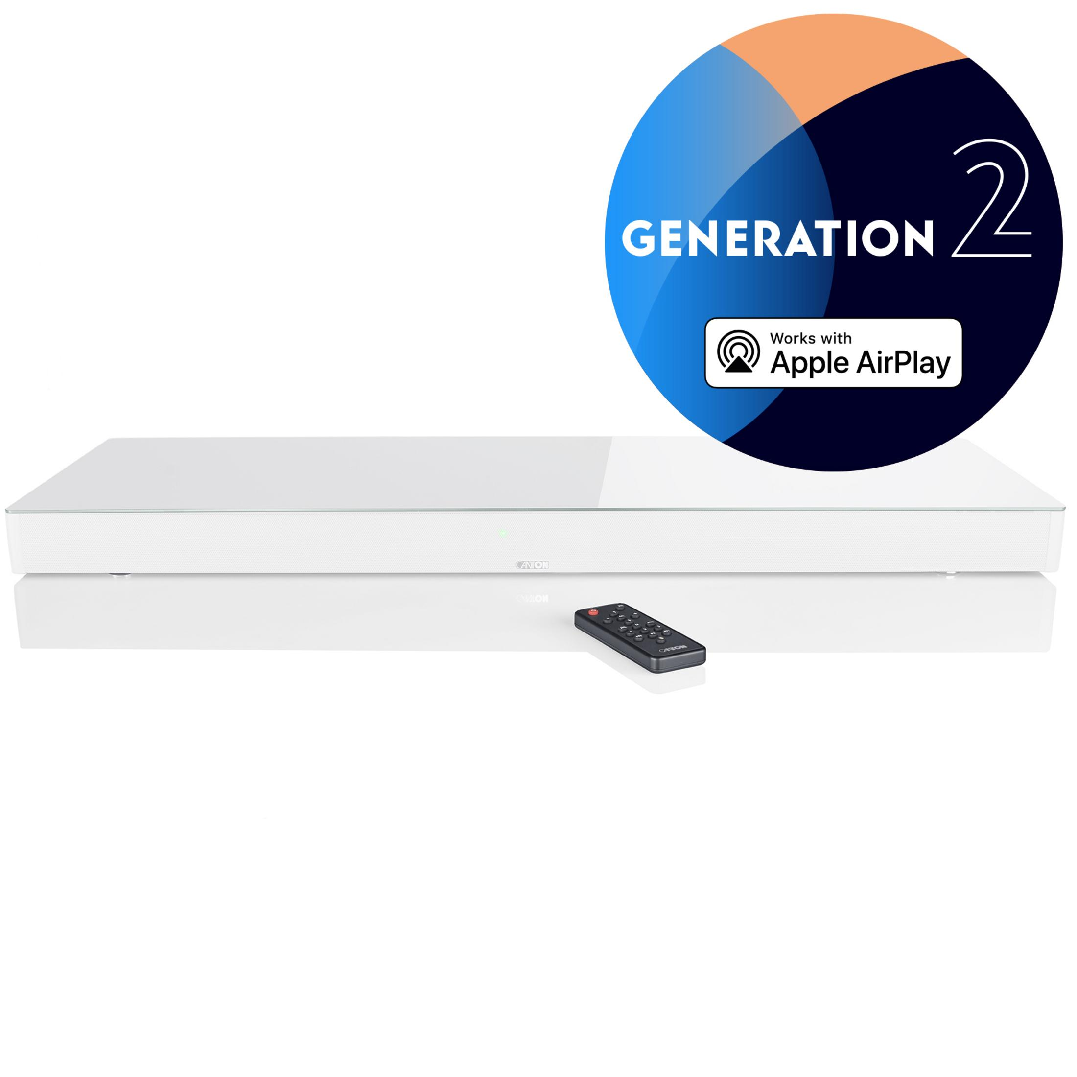 Ein weißer Lautsprecher mit Fernbedienung, Generation 2, Apple AirPlay.
