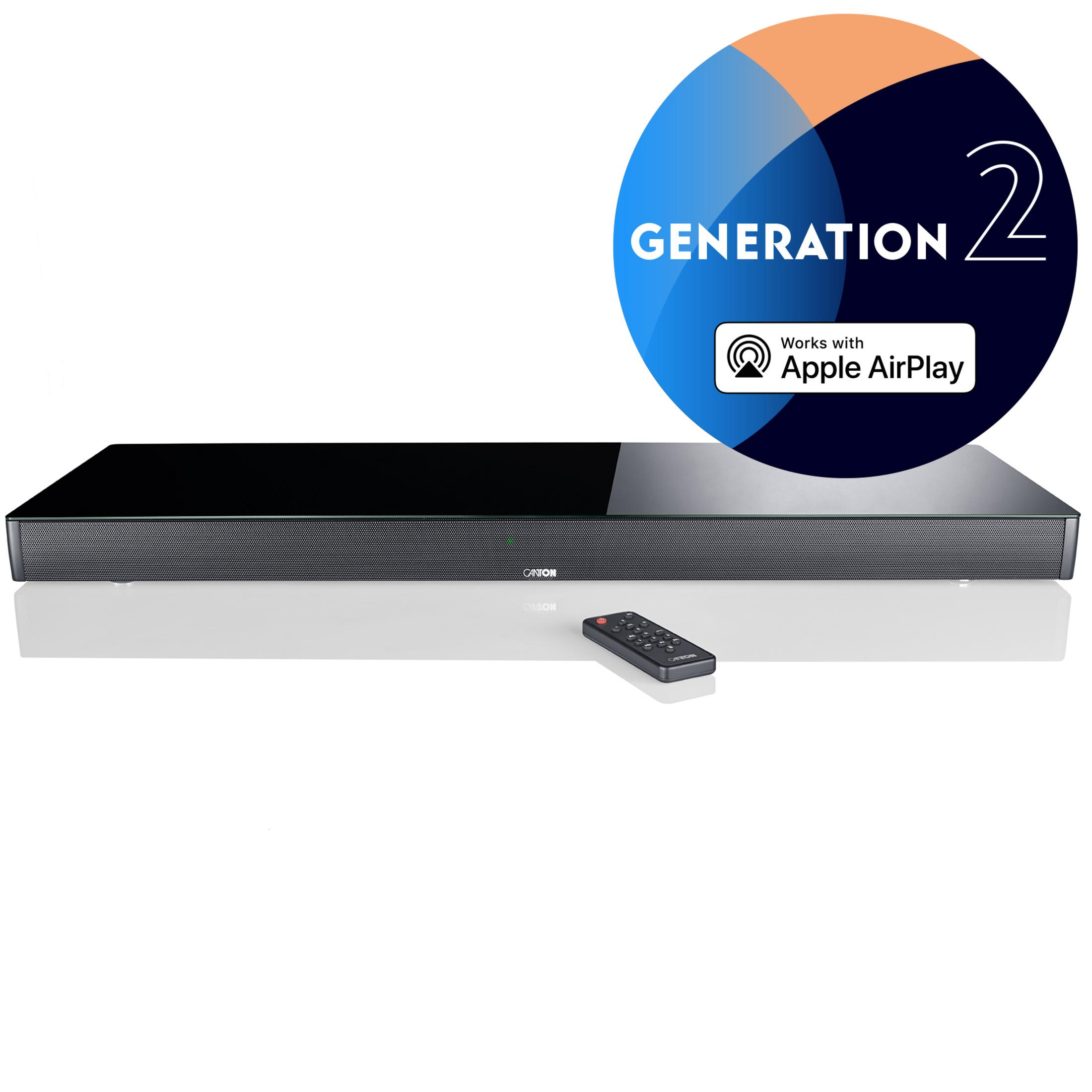 Schwarzer Soundbar mit Fernbedienung und "Generation 2" Logo.
