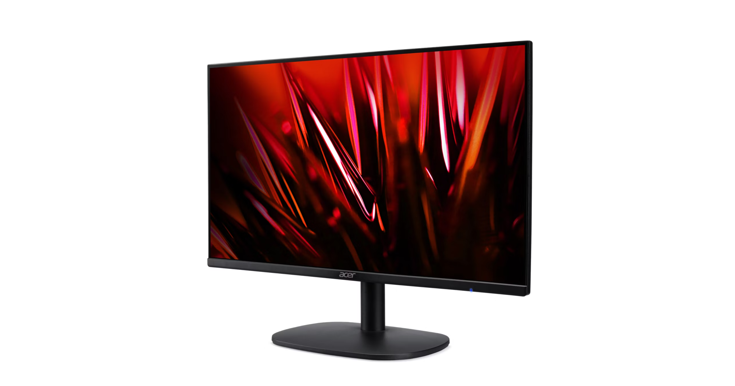 Ekranında kırmızı soyut arka plana sahip siyah bir Acer monitör.