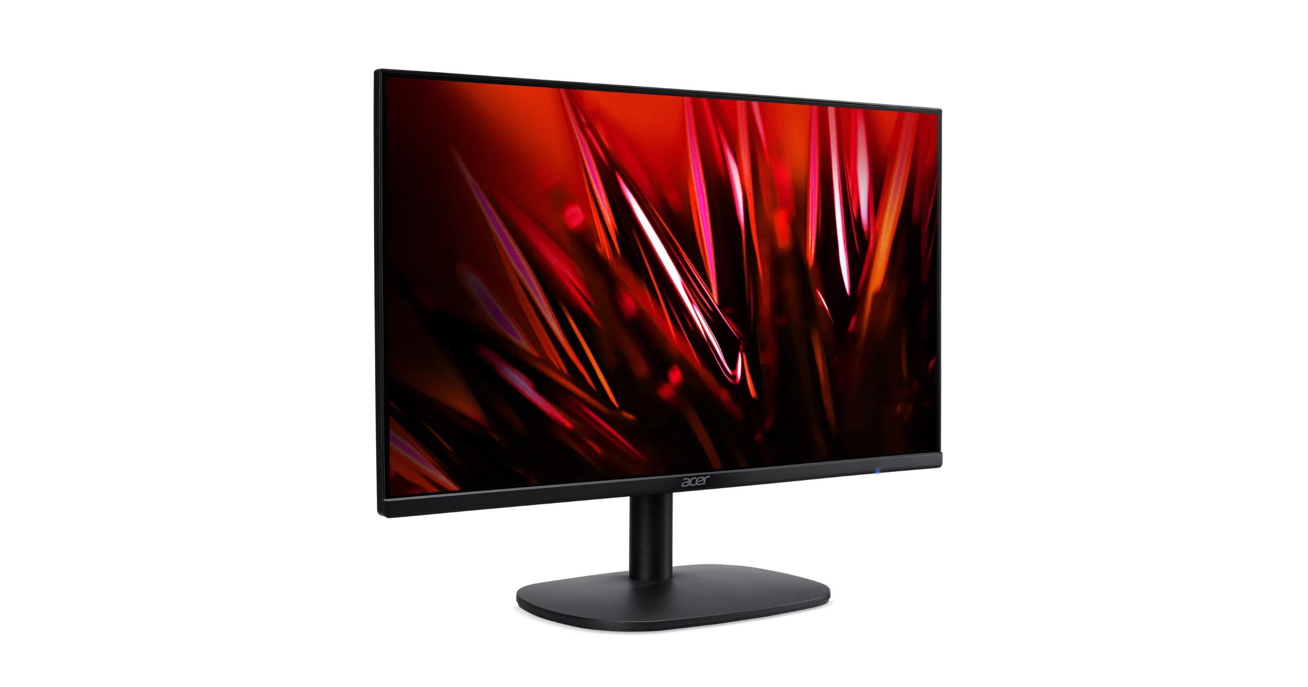 Yuvarlak tabanlı, soyut kırmızı arka plana sahip siyah Acer monitör.