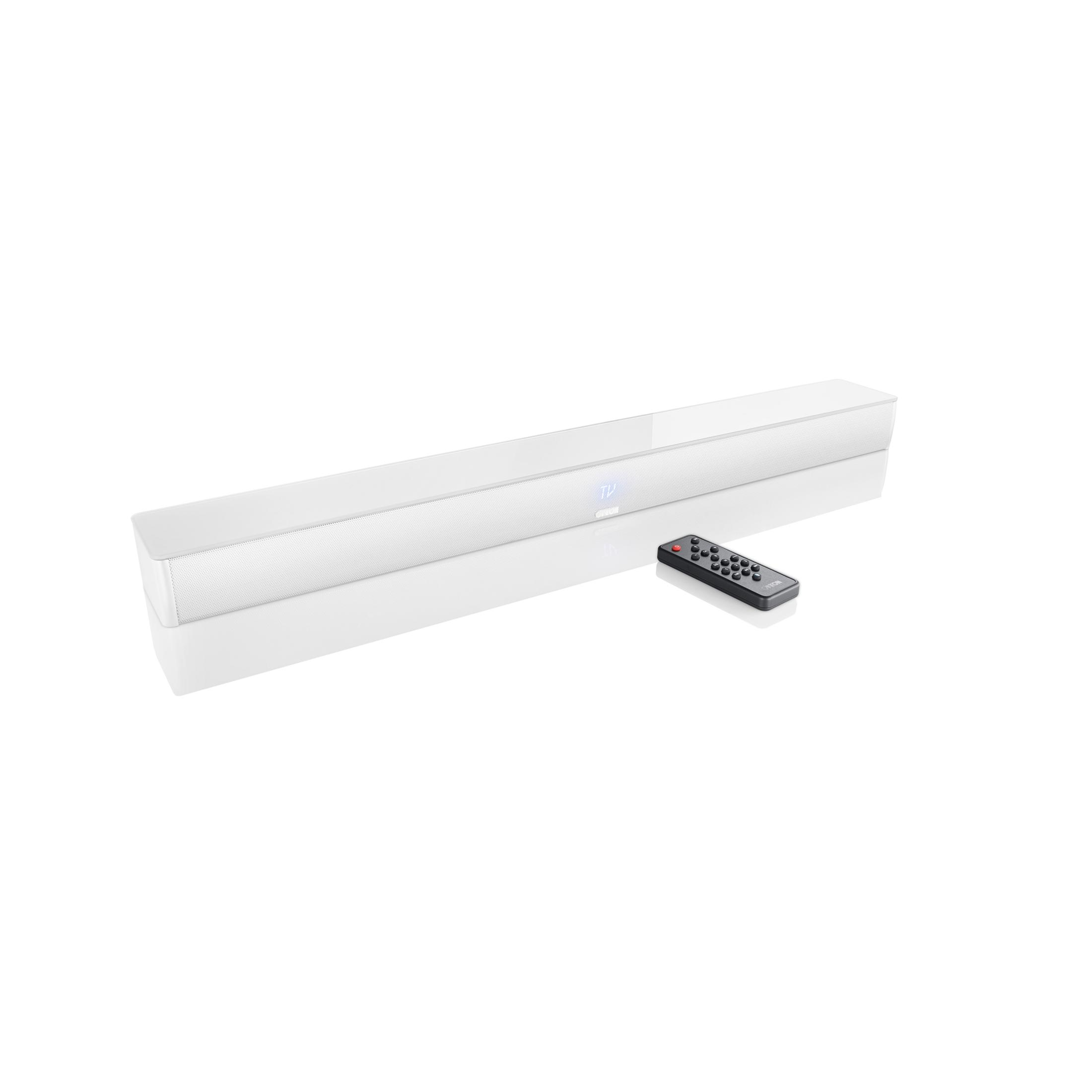 Ein weißer Soundbar mit Fernbedienung.