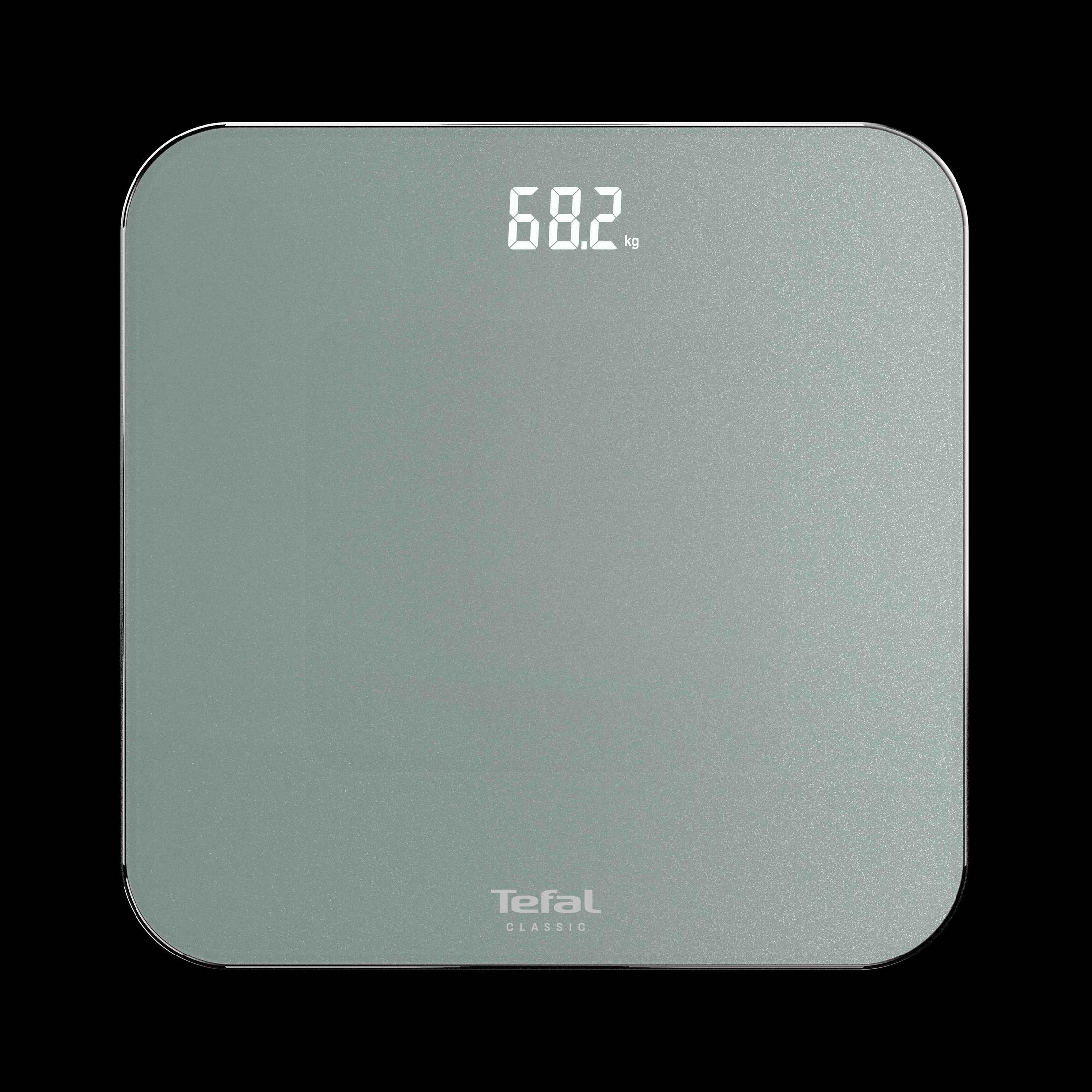 Una bilancia digitale grigio-verde mostra 68,2 kg. Logo Tefal Classic in basso.