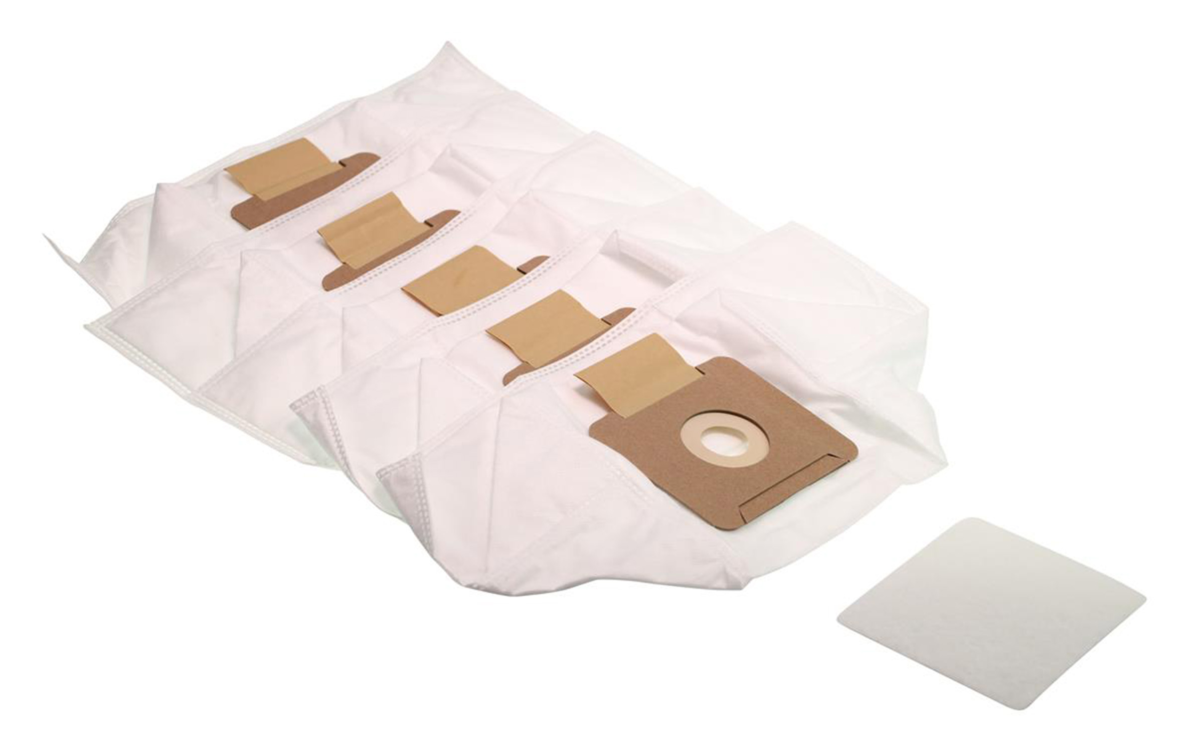 Four white vacuum bags with brown cardboard collars and one white filter.