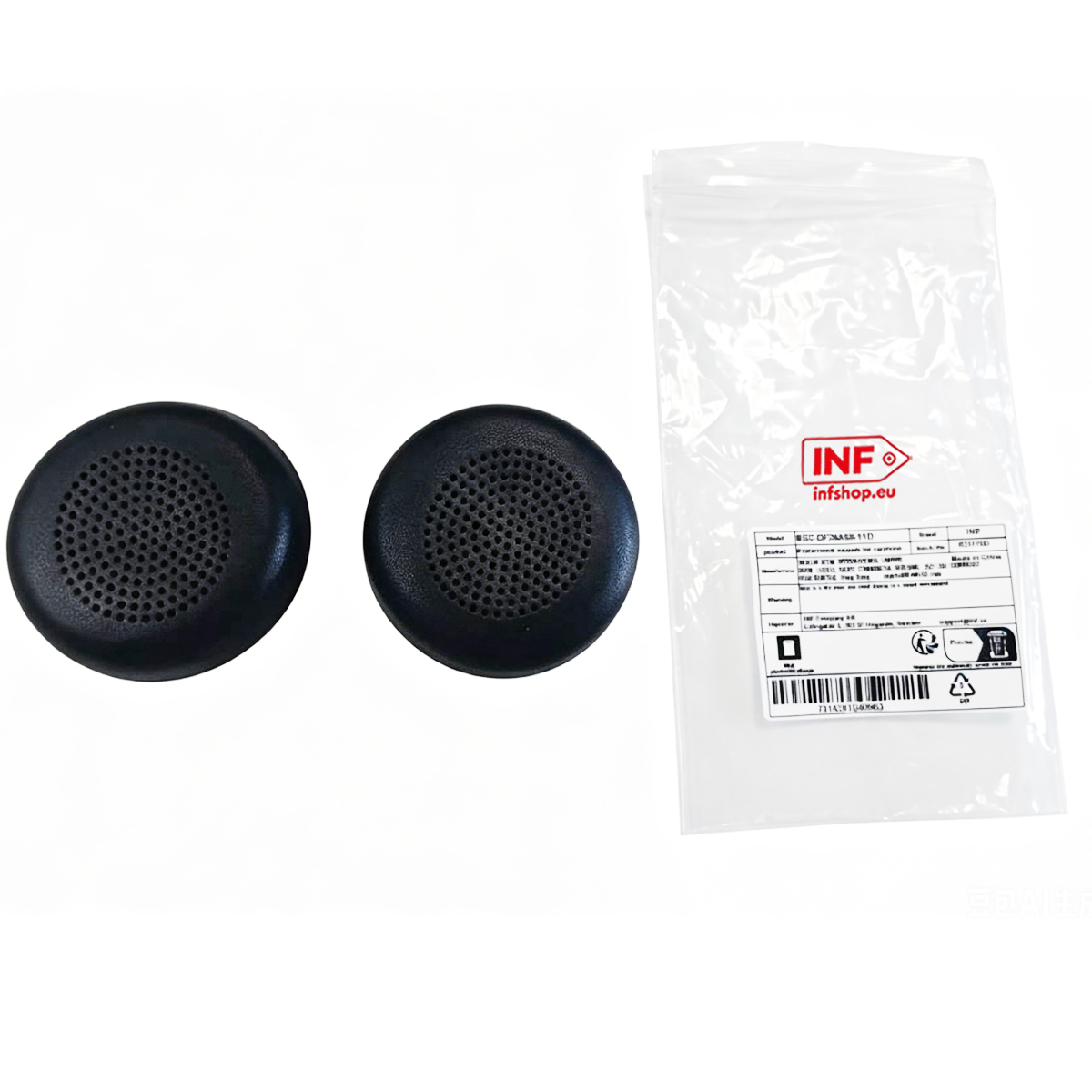 Two black perforated ear pads and a clear plastic bag with printing.