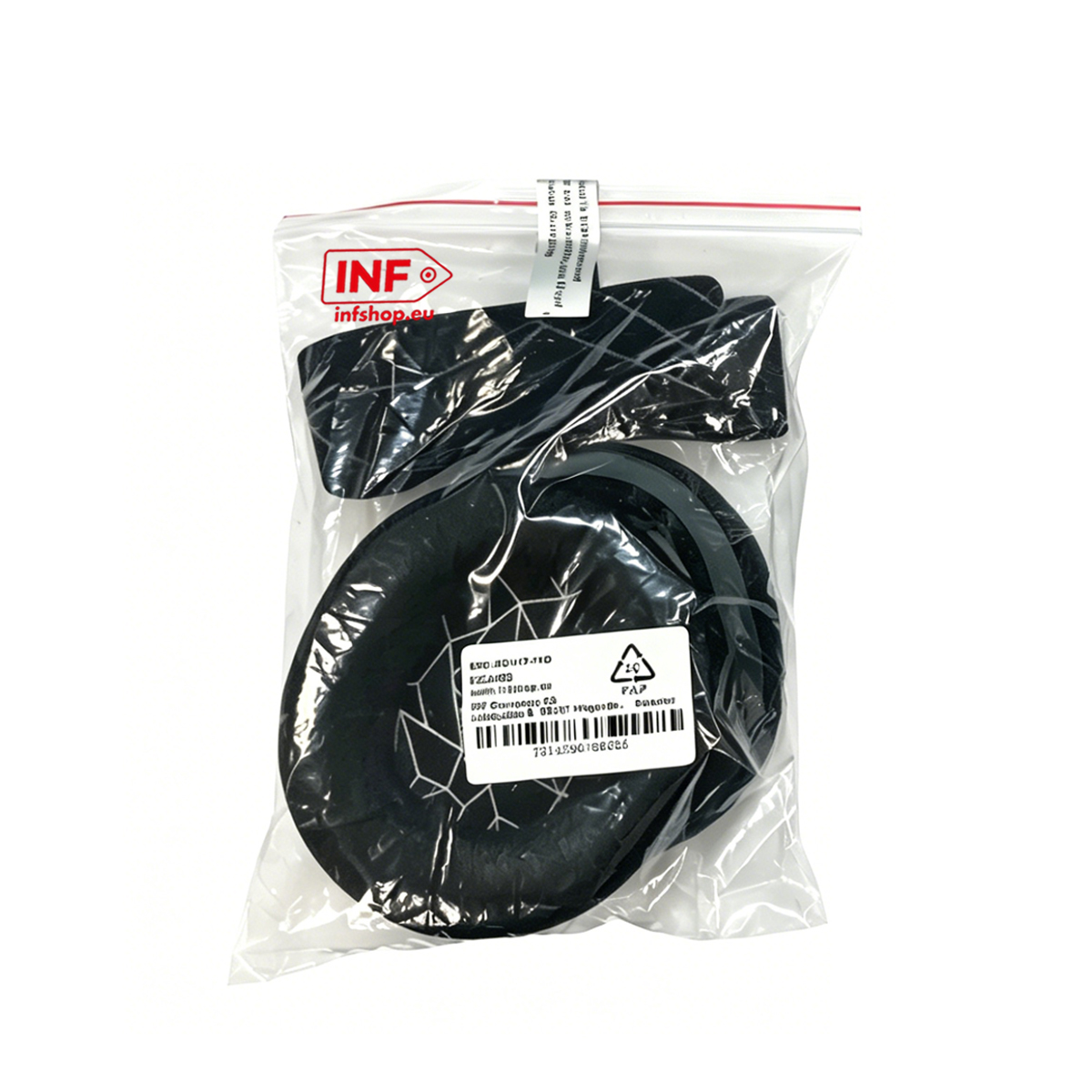 Coussinets d'oreille noirs avec motif en grille argentée dans un sac plastique avec logo INF.