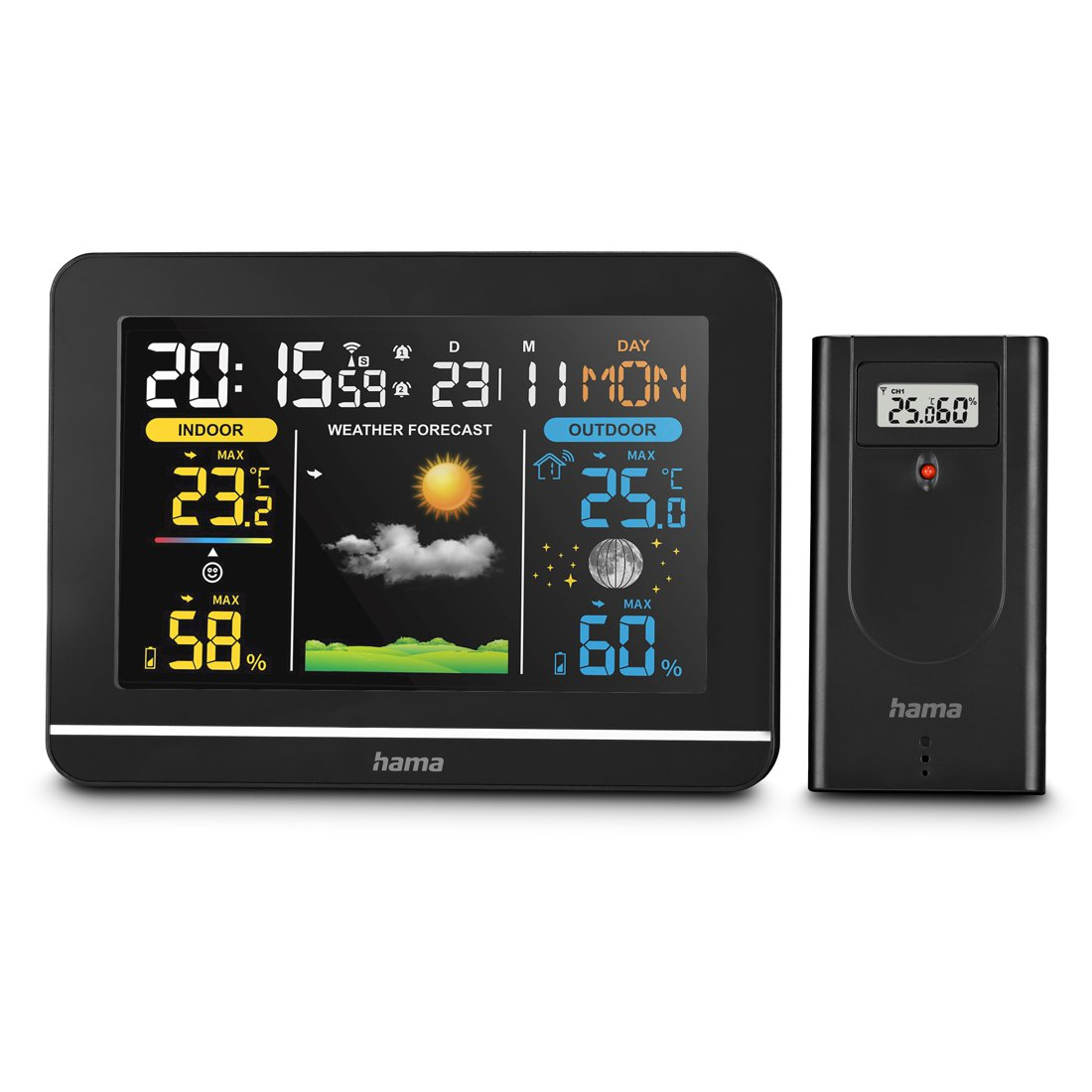 Ein schwarzes Wetterstationsdisplay mit Außensensor. Zeigt Zeit, Innen-/Außentemperatur und Luftfeuchtigkeit.