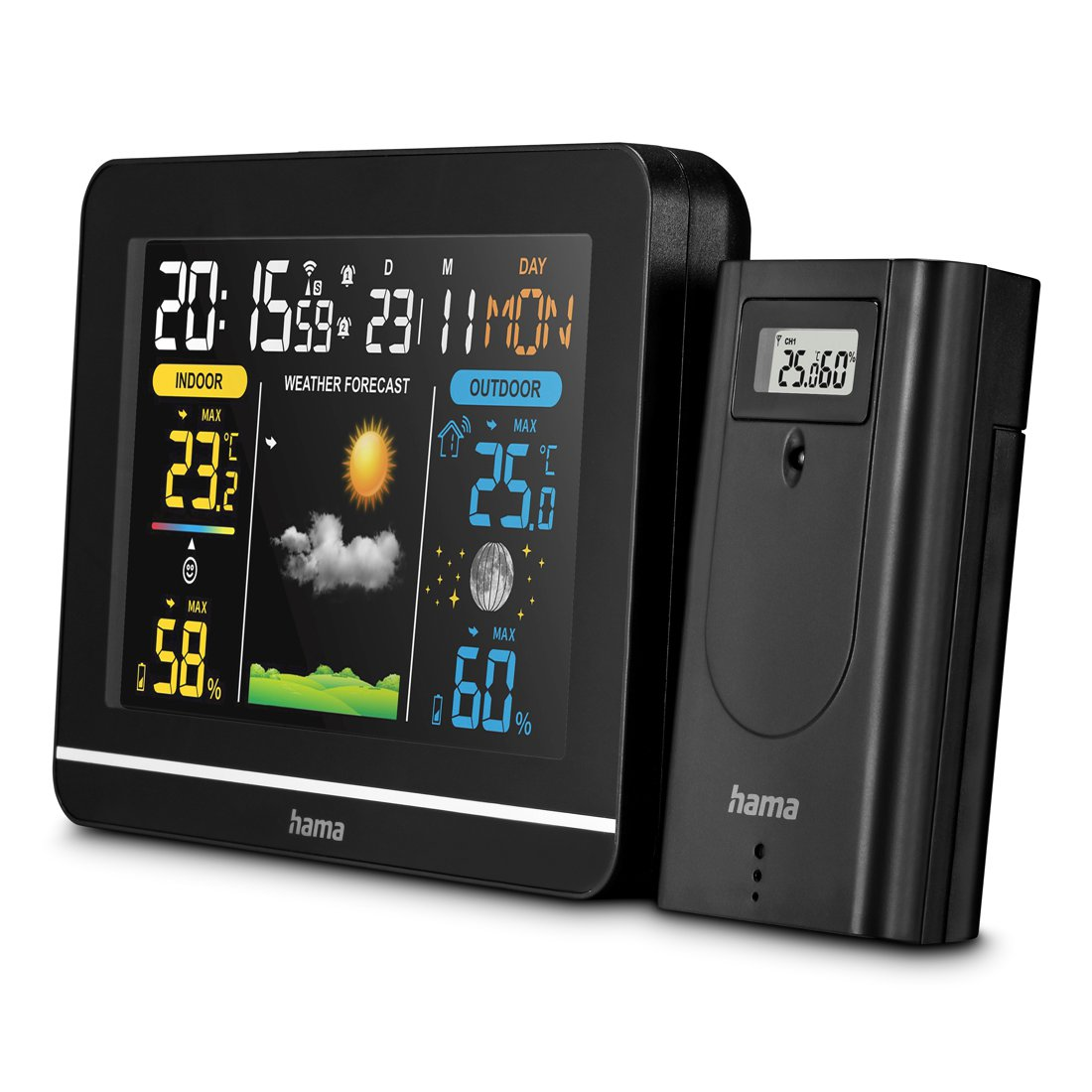 Digitale Wetterstation mit Innen- und Außentemperatur, Luftfeuchtigkeit und Vorhersage.