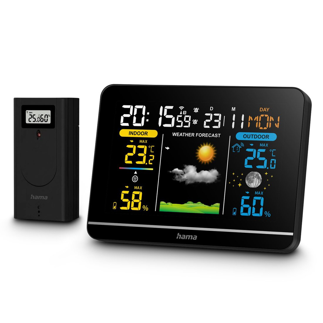 Ein schwarzes Wetterstation-Display zeigt Innen- und Außentemperatur.