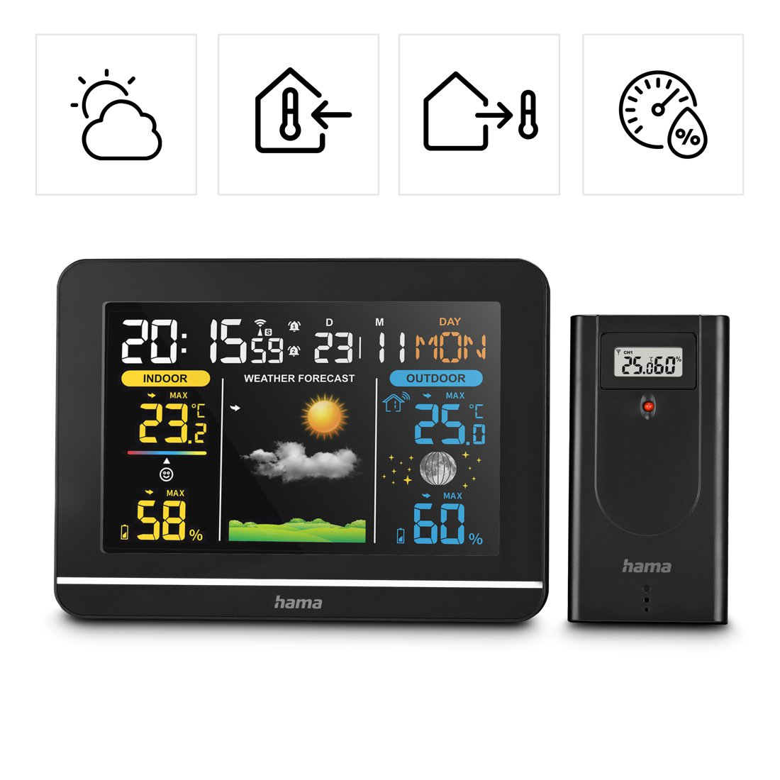 Ein digitales Wettercenter zeigt Innen- und Außentemperatur, Luftfeuchtigkeit und Vorhersagen.