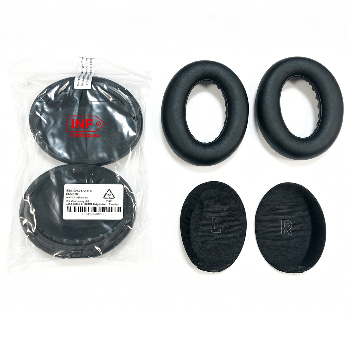 Schwarze Ohrpolster, zwei in Verpackung, zwei einzeln mit L und R.