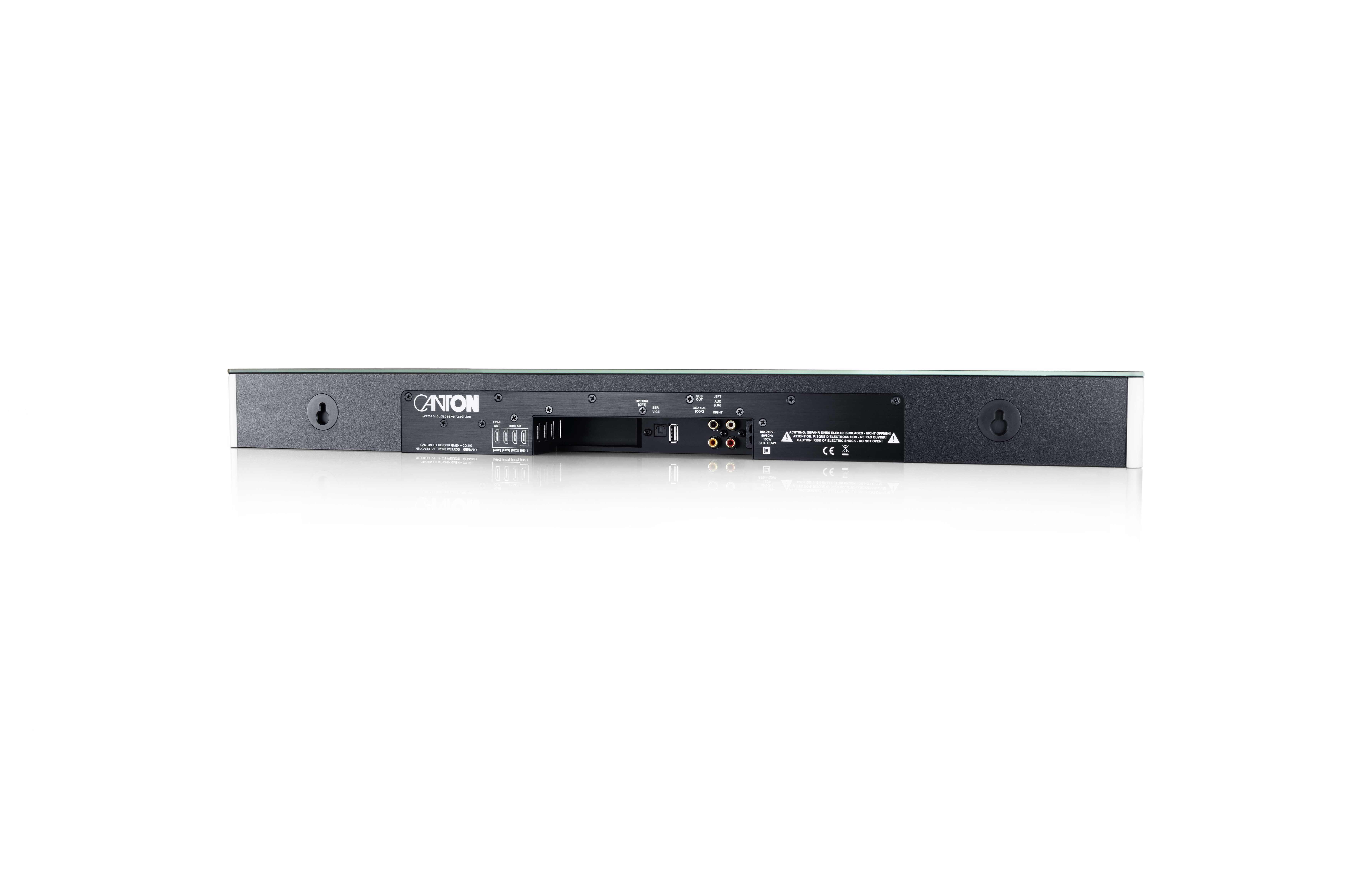 Rückseite eines schwarzen Canton Soundbars mit Anschlüssen und Logo.