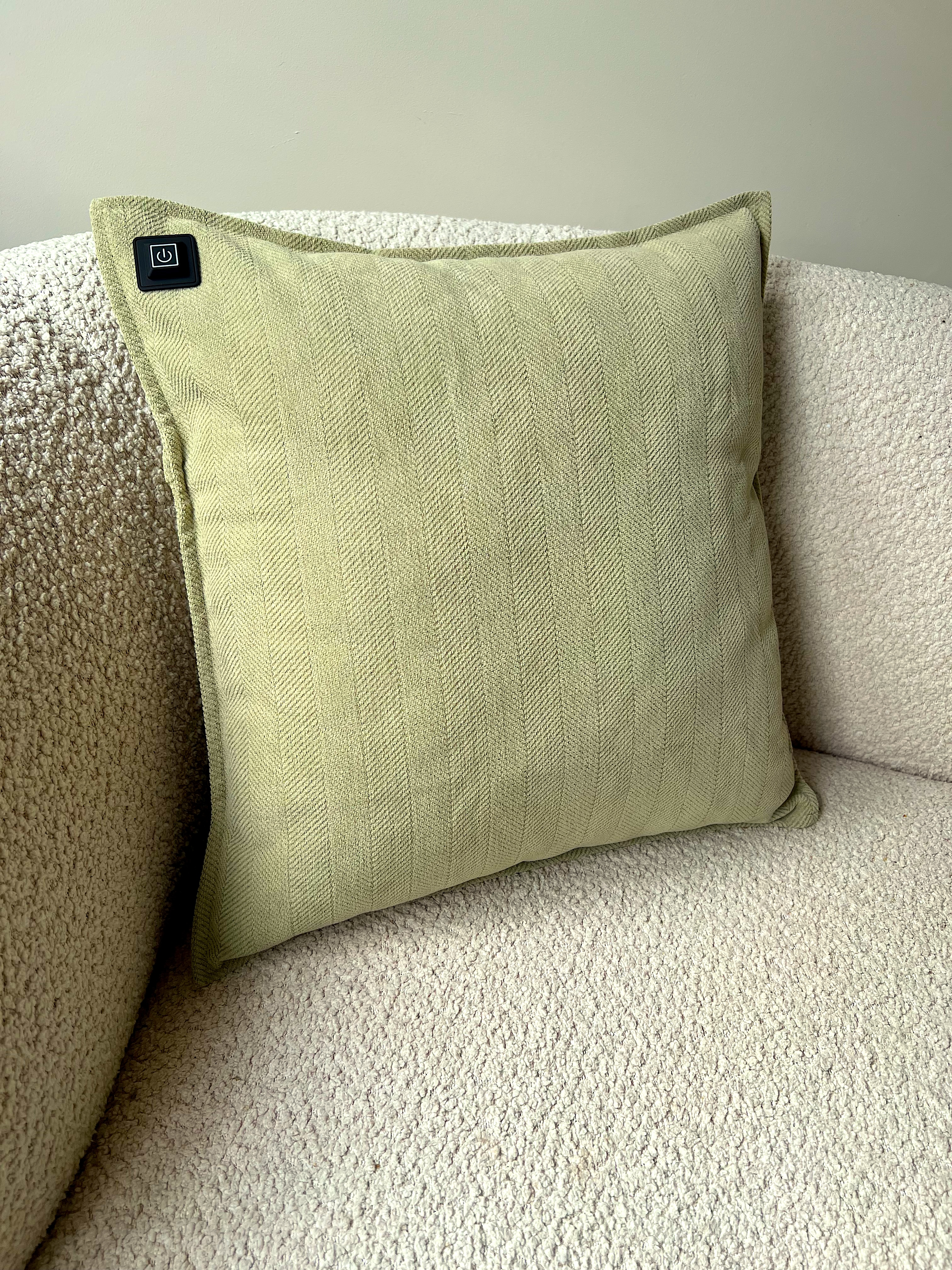 Ein hellgrünes Kissen mit Fischgrätenmuster auf einem cremefarbenen Sofa.
