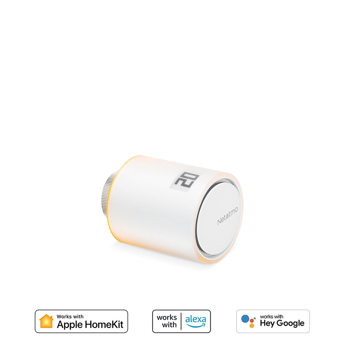 Un termostato blanco que muestra 20 grados con un brillo naranja.