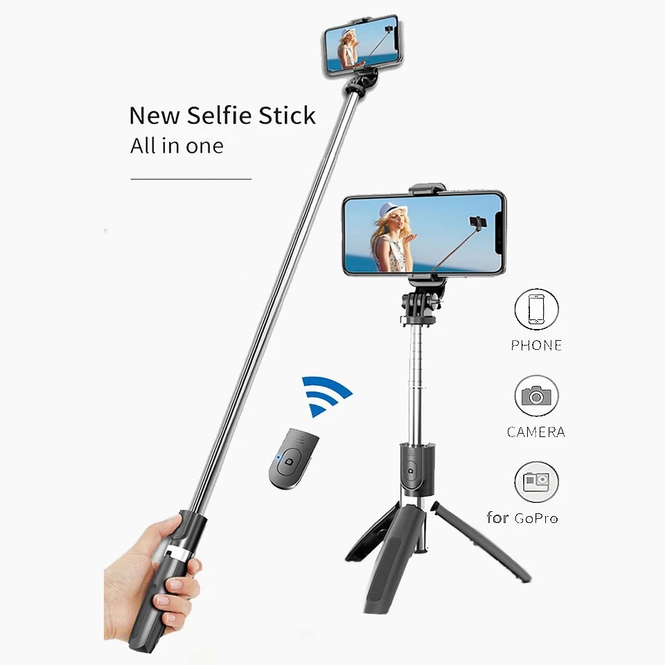 Een uitschuifbare selfiestick met statief, afstandsbediening en telefoonhouder.