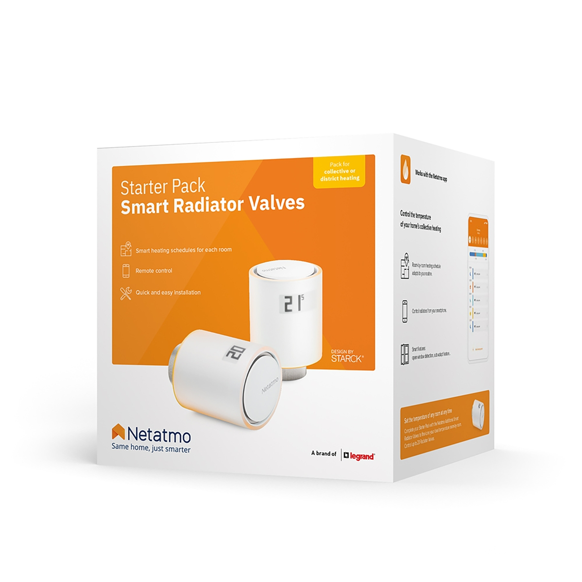 Pack de dos válvulas de radiador inteligentes Netatmo blancas y captura de app.