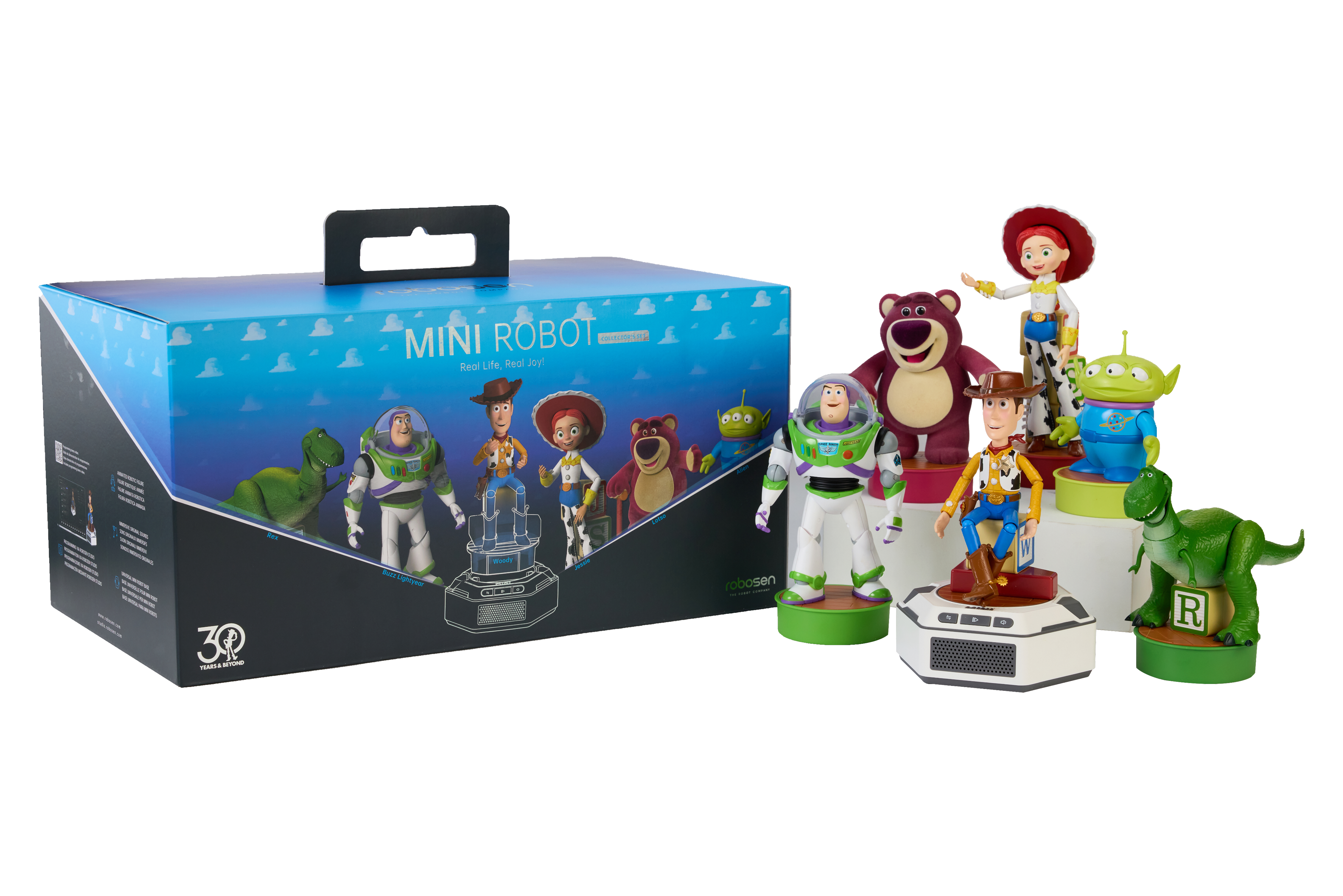 Figuras de Toy Story como Buzz, Woody, Jessie, Rex y Alien sobre bases.