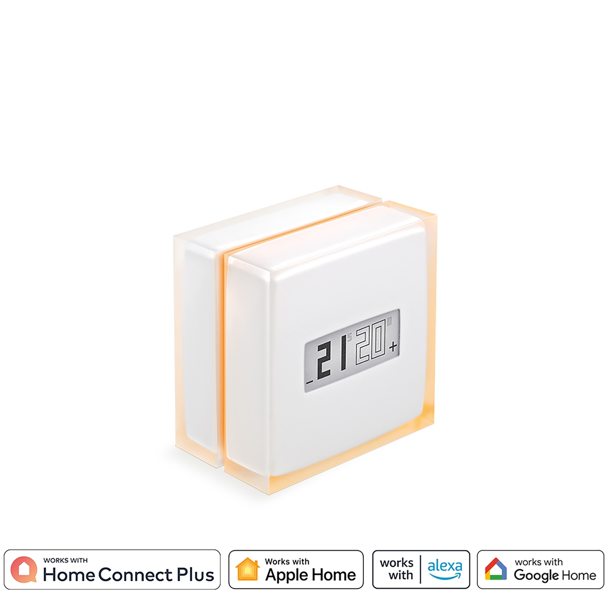 Un termostato blanco con pantalla digital mostrando 21.20, bordes naranja.