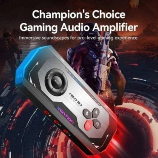Un amplificador de audio para juegos con logo VENTION y controles, sobre un fondo.