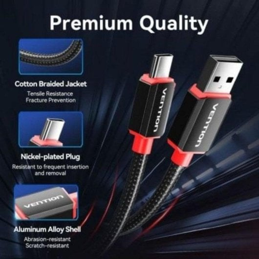 Cable USB-C premium con funda trenzada de algodón, enchufe niquelado y carcasa de aluminio.