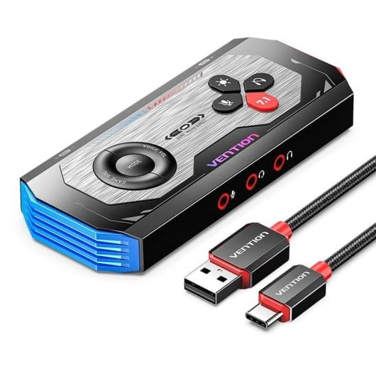 Adaptador de audio Vention con botones, luz azul y cables USB/USB-C.