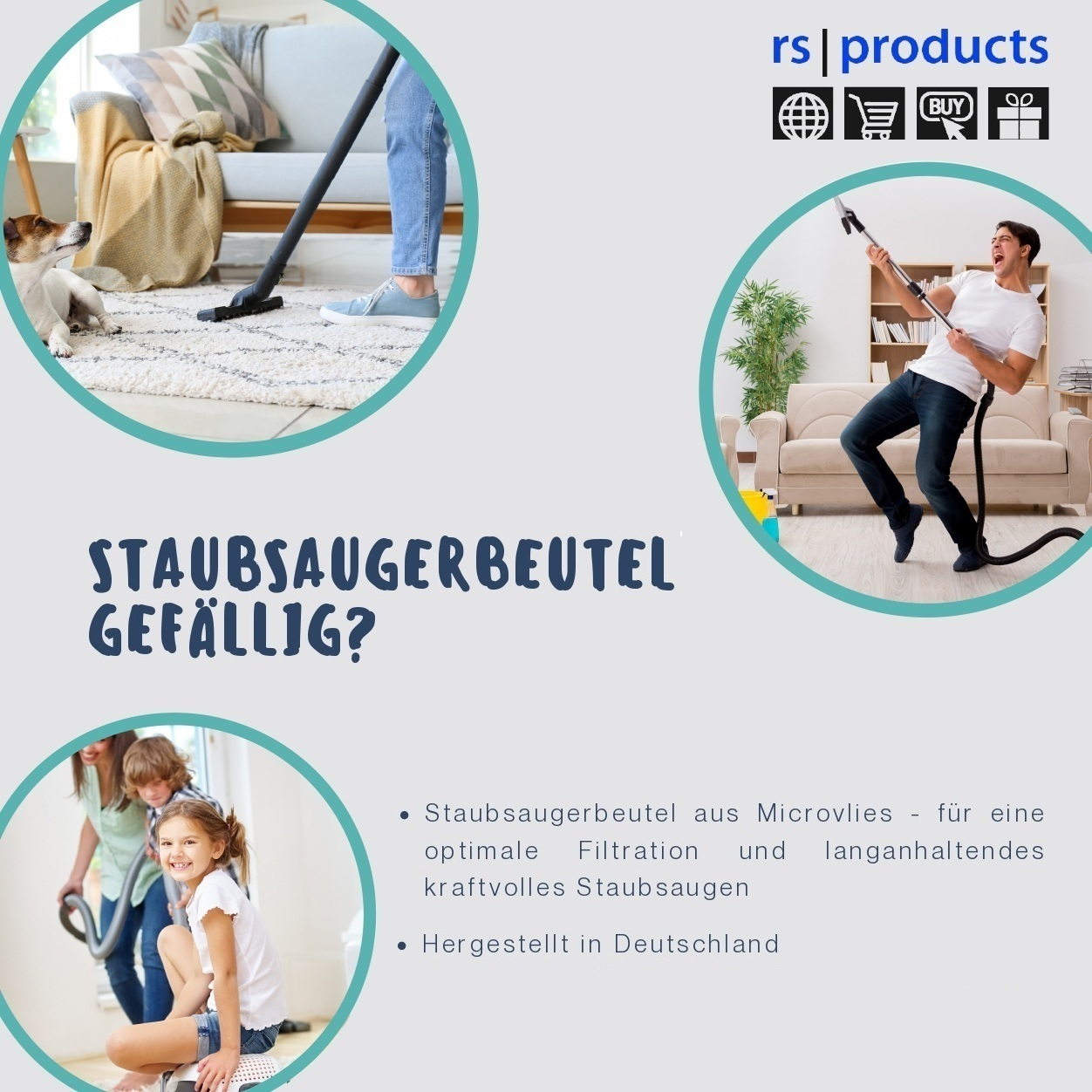 Werbung für Staubsaugerbeutel mit Bildern von Staubsaugen und Familie.
