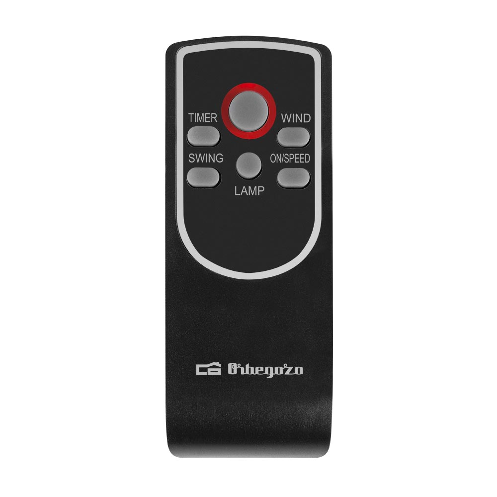 Mando a distancia negro con botones de Timer, Wind, Swing, On/Speed, Lamp.