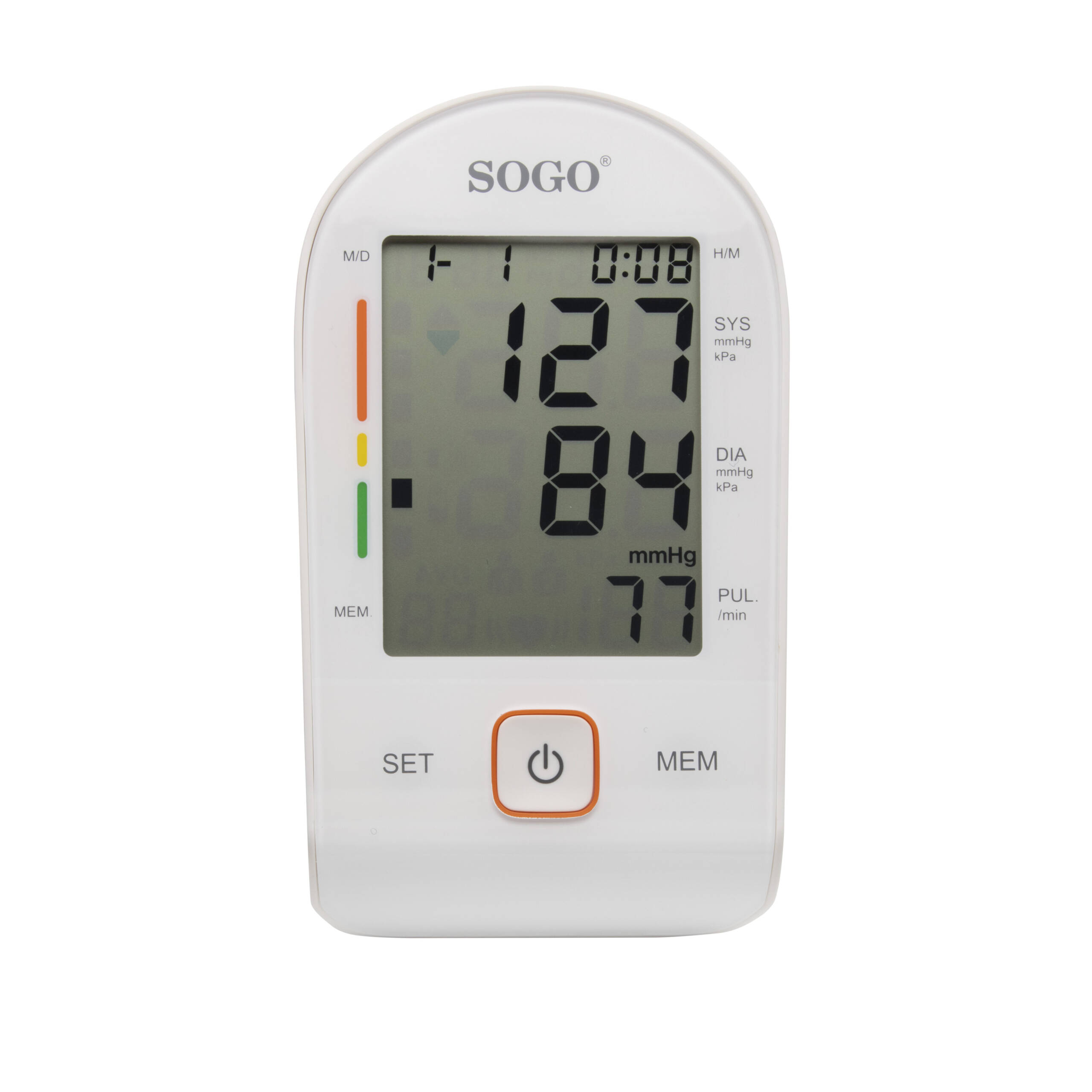 Tensiómetro digital SOGO blanco con pantalla mostrando 127/84 mmHg y 77 lpm.