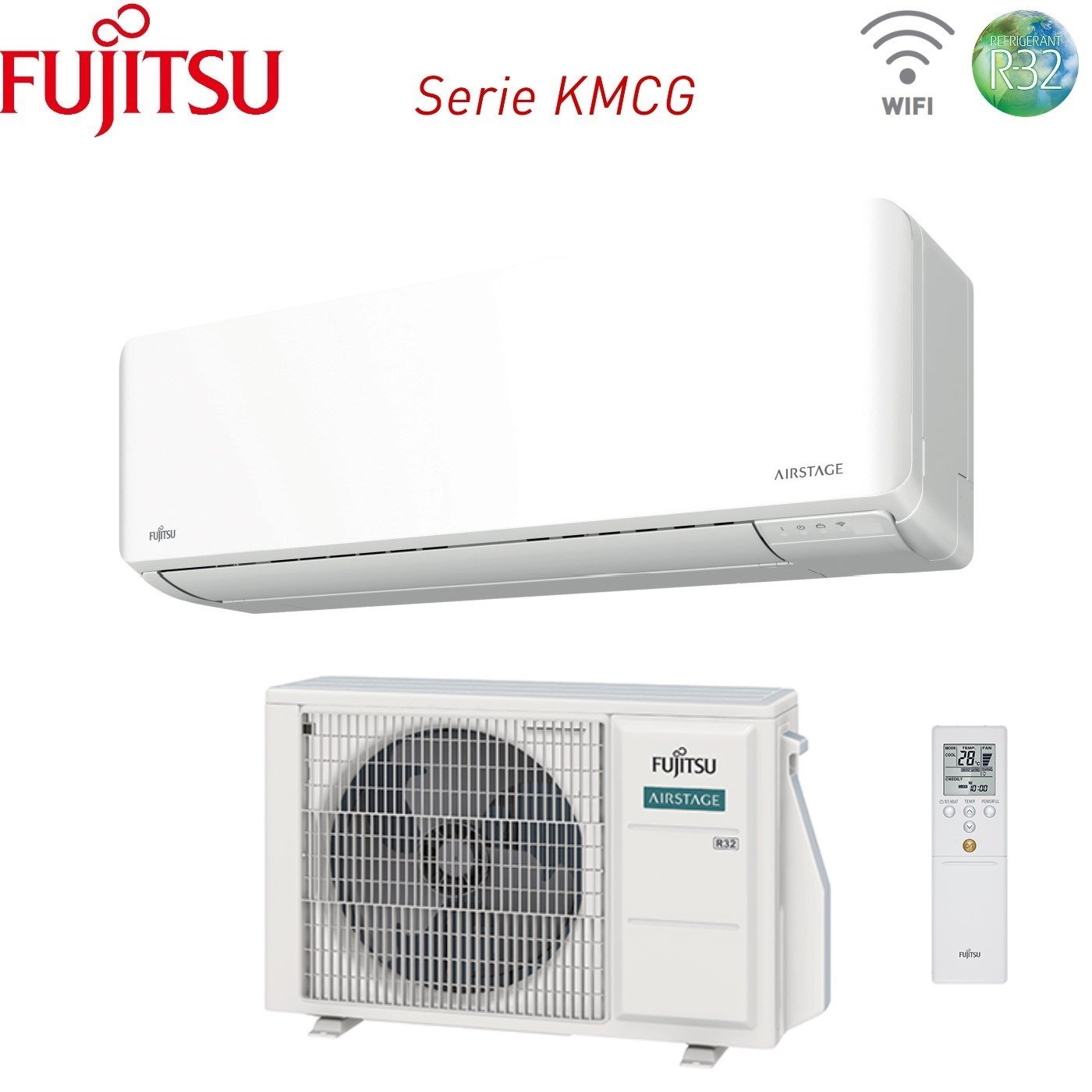 Condizionatore Fujitsu: unità interna, unità esterna e telecomando.