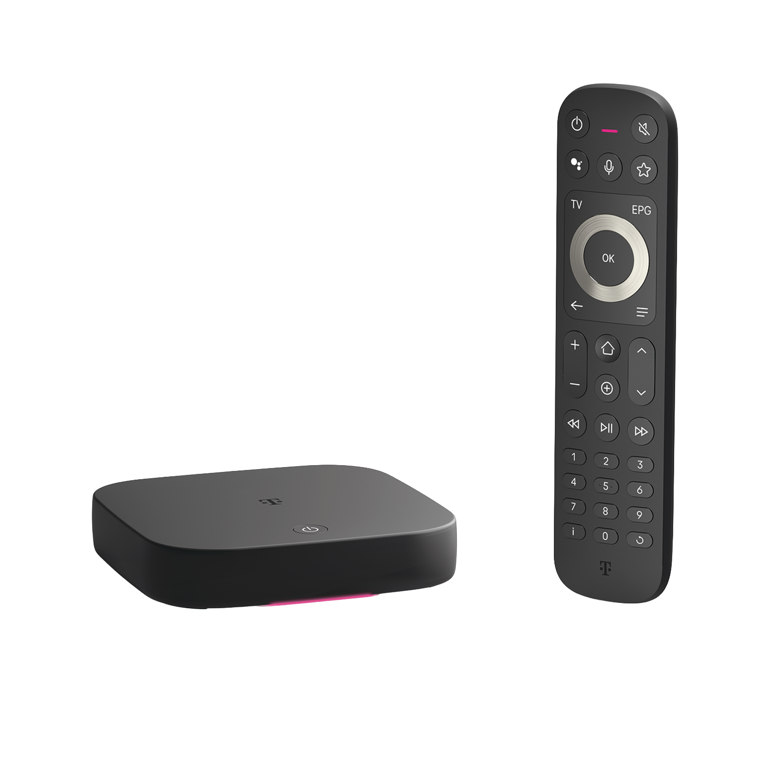 Ein schwarzer Streaming-Media-Player und eine Fernbedienung auf weißem Hintergrund.