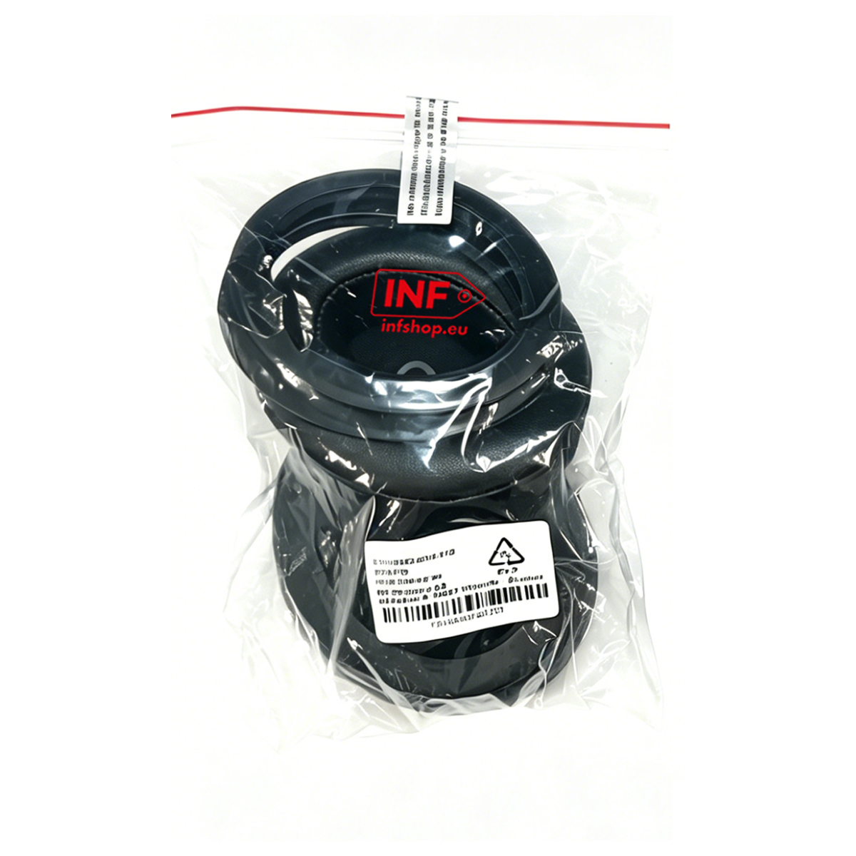 Black headphone ear pads in a clear plastic bag with a label.