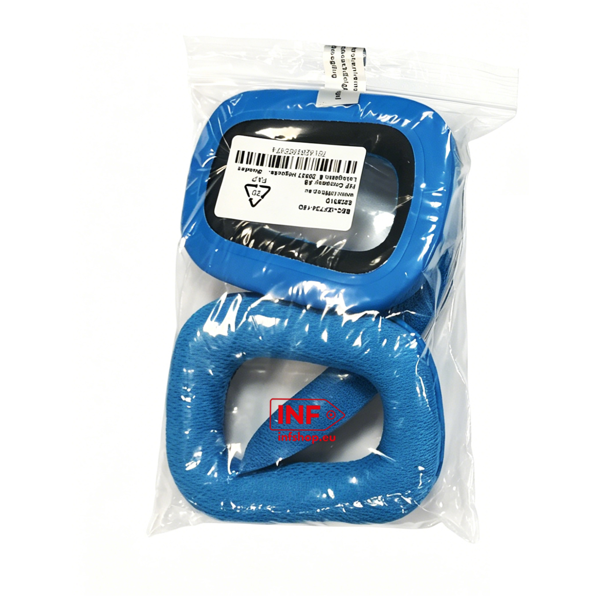 Zwei blaue Ohrpolster für Kopfhörer in Plastikverpackung. Ein Polster liegt auf dem anderen.