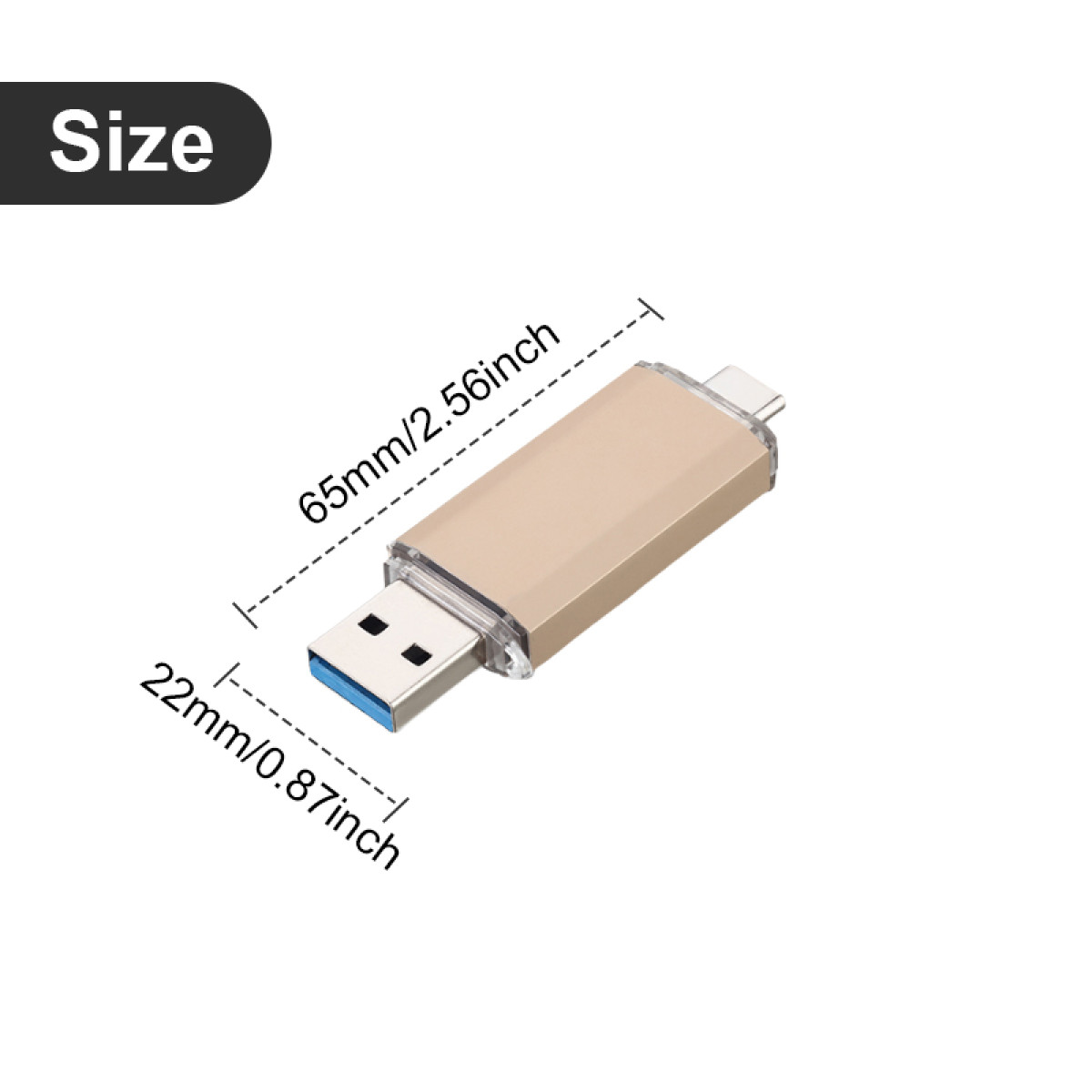 Pen drive dorata con porte USB-A e USB-C, misura 65x22mm.