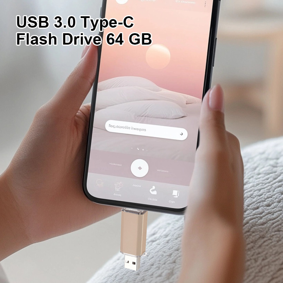 Pen drive USB-C dorata, 64 GB, collegata a uno smartphone.