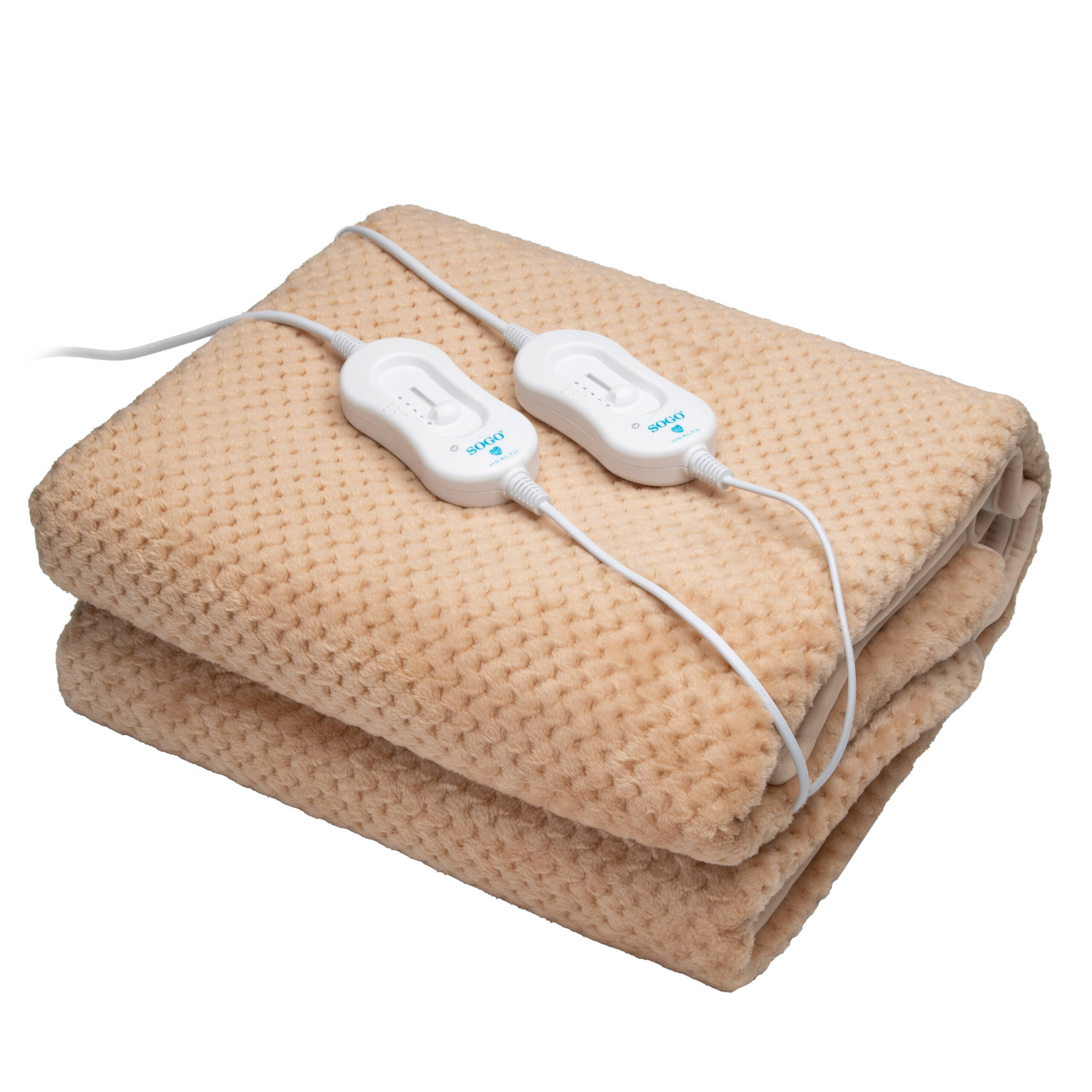 Una coperta elettrica beige piegata con due controller bianchi e cavi.