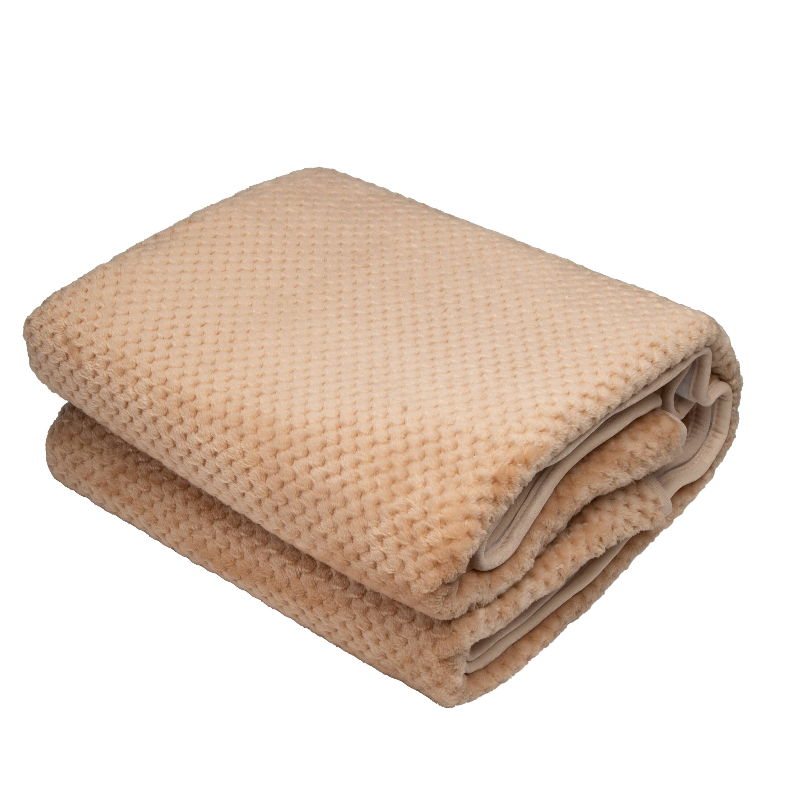Una coperta piegata, marrone chiaro, con motivo a nido d'ape.