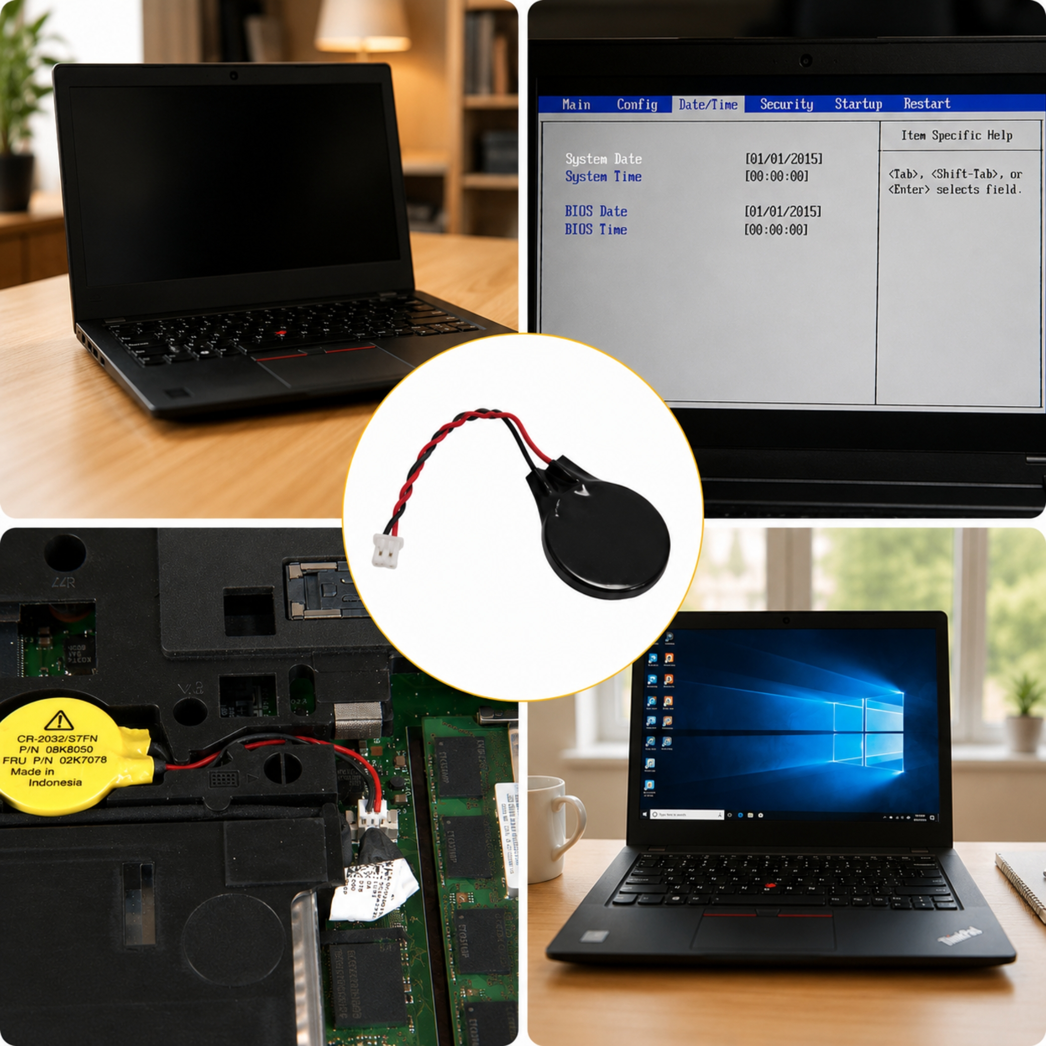 Laptop mit BIOS-Bildschirm, Speicherriegeln, CMOS-Batterie und externer Ansicht.
