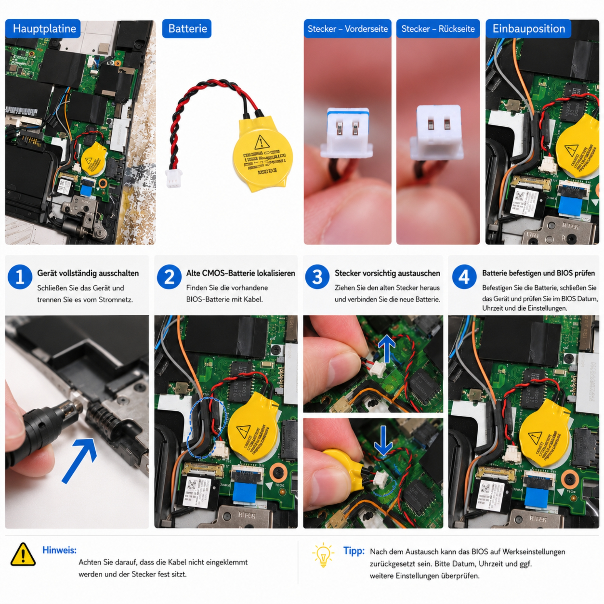 Schritt-für-Schritt-Anleitung zum Austausch der CMOS-Batterie eines Laptops mit Abbildungen.
