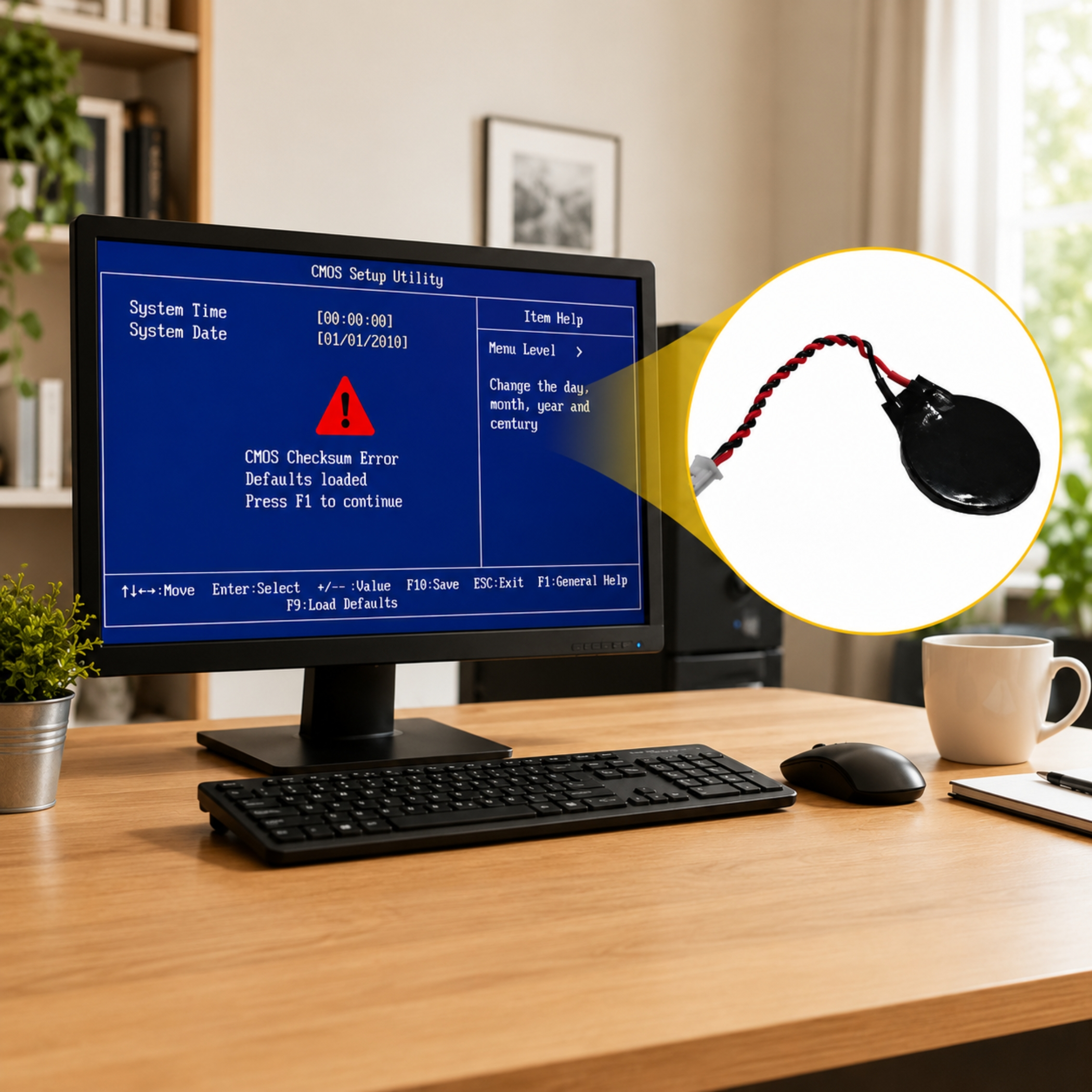 Computermonitor zeigt CMOS-Fehler. Eine Knopfzellenbatterie mit Drähten ist vergrößert dargestellt.