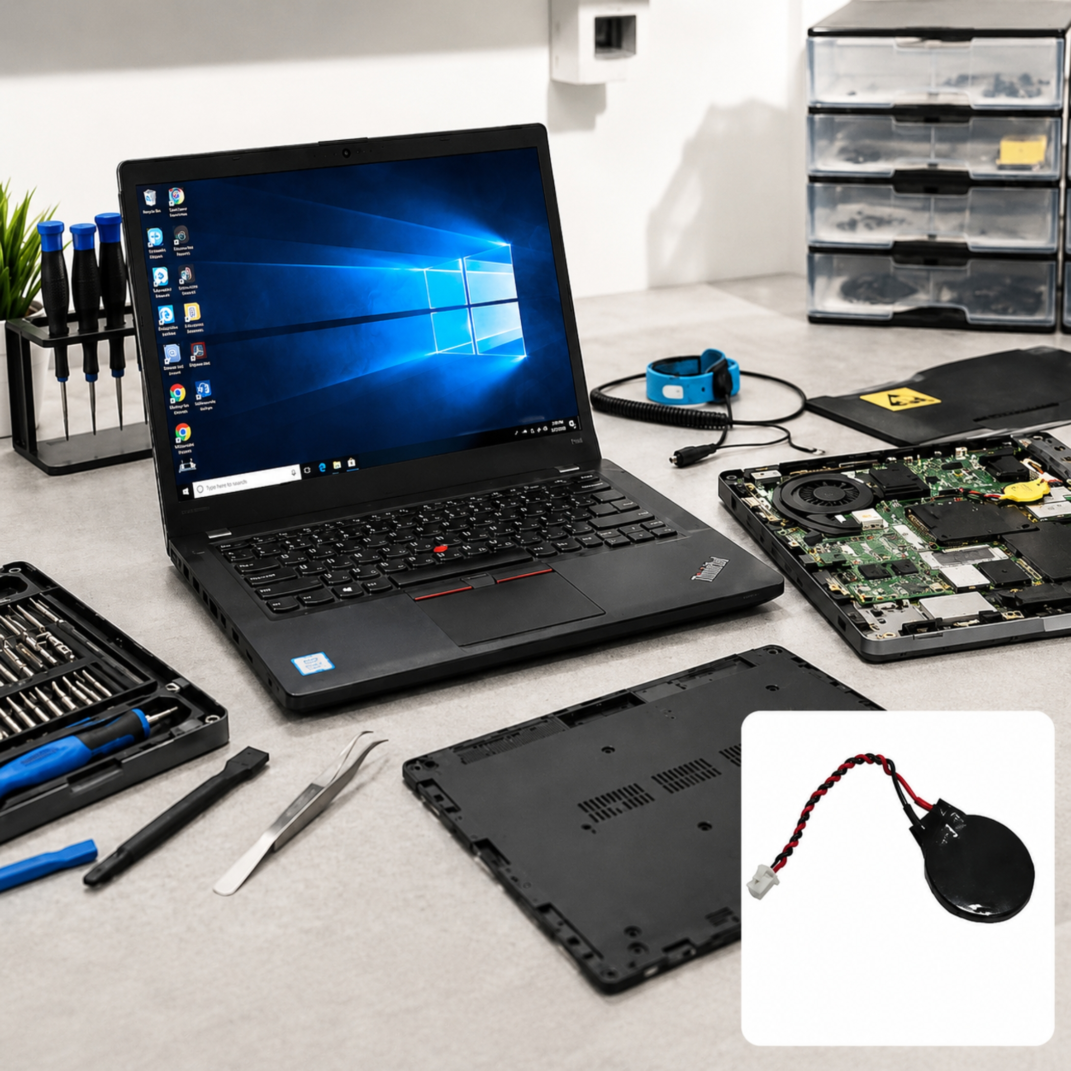 Ein Laptop auf einem Tisch mit Werkzeugen und einer geöffneten Hauptplatine.