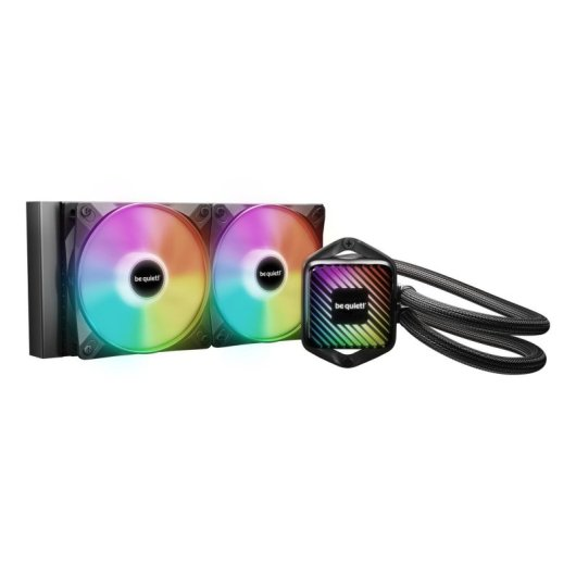 Een pc-vloeistofkoeler met twee RGB-ventilatoren en een vierkante pompuniteit.