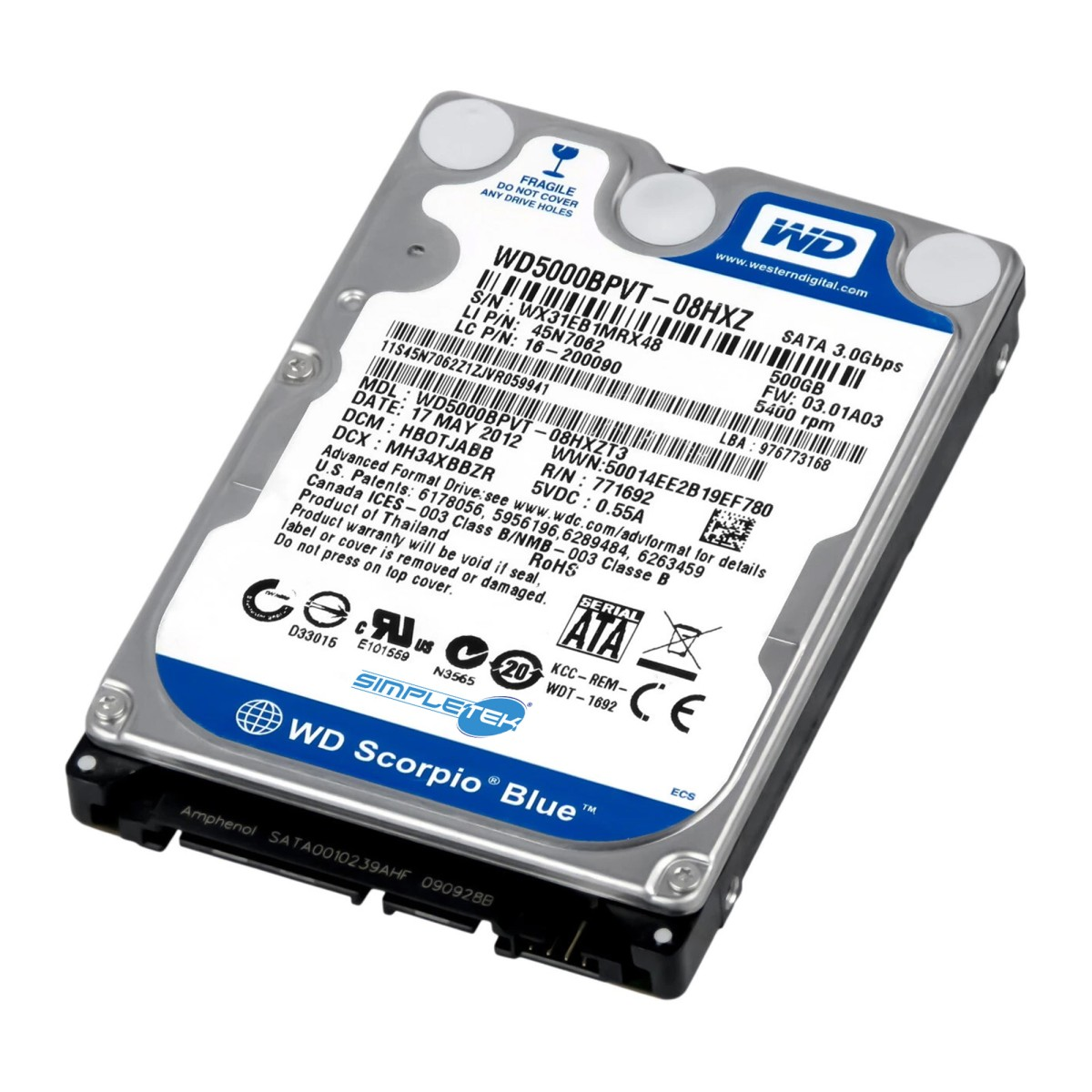 Un hard disk argentato con accenti e etichette blu.