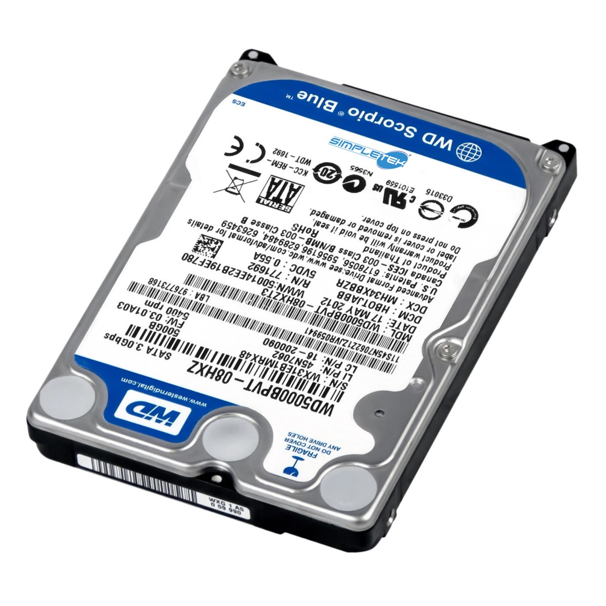 Primo piano di un hard disk da 2,5 pollici, WD Scorpio Blue, 500 GB, con etichette.