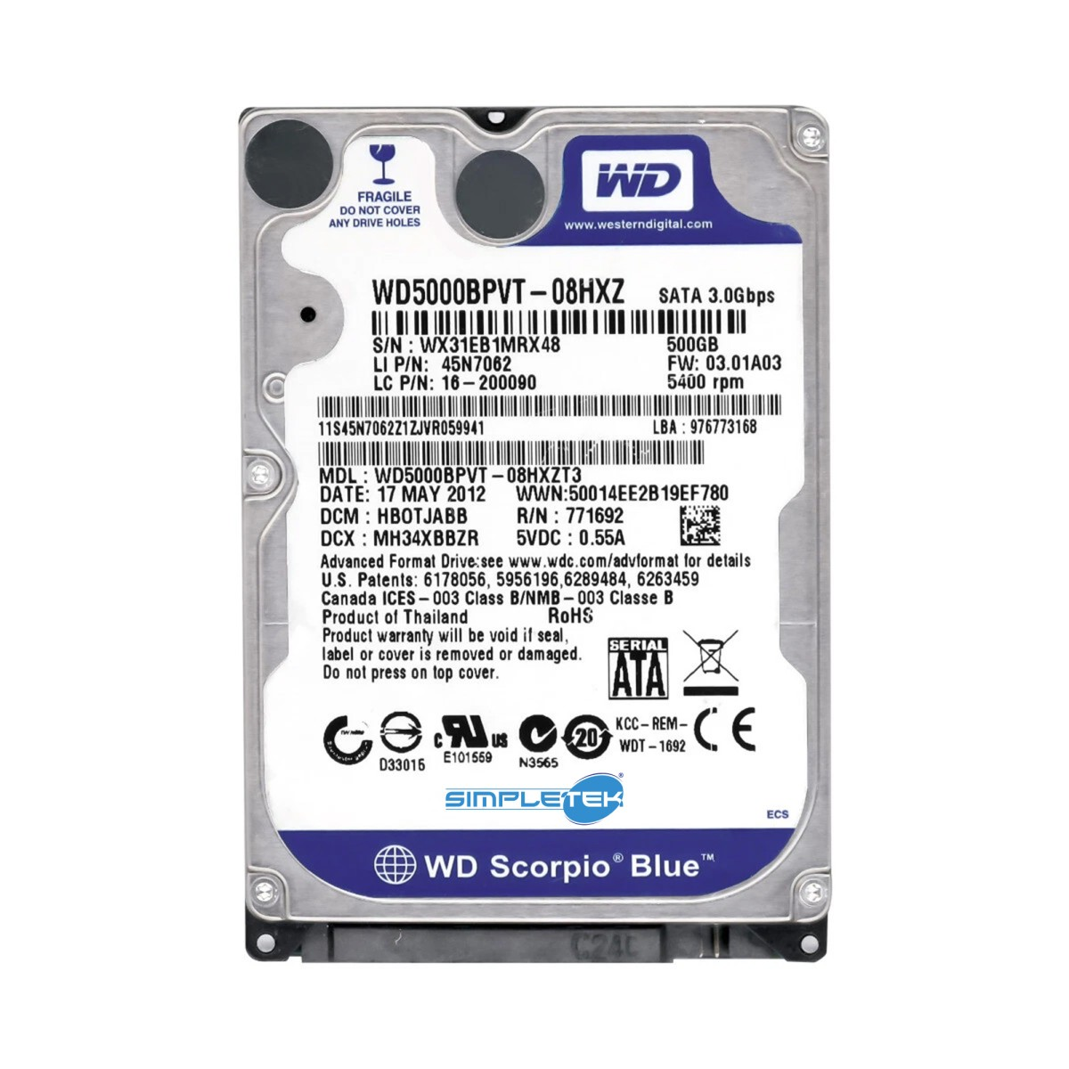 Hard Disk WD: 500GB Scorpio Blue, modello WD5000BPVT-08HXZ, con etichetta.
