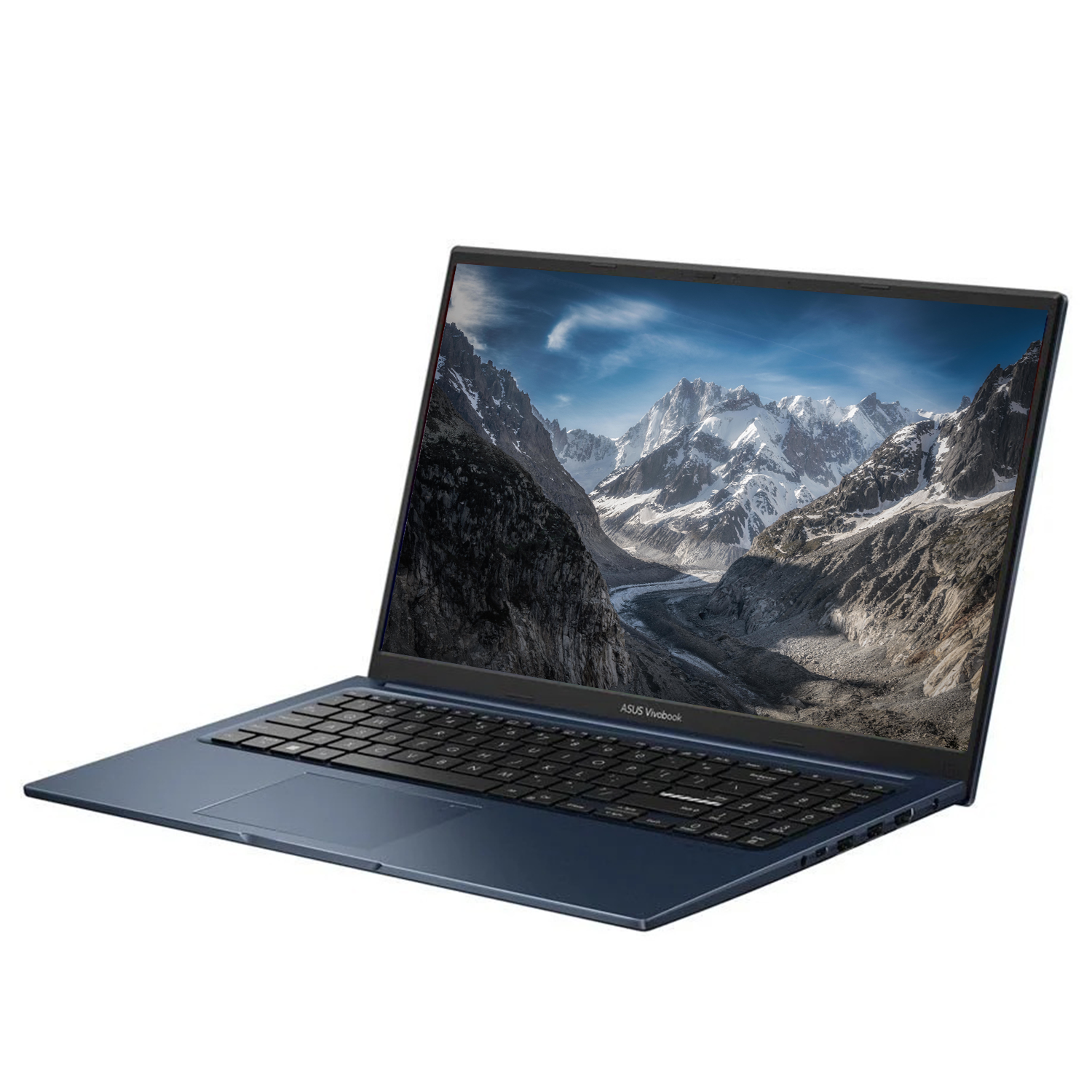 Mavi Asus Vivobook dizüstü bilgisayar, klavye ve dağ manzaralı ekran.