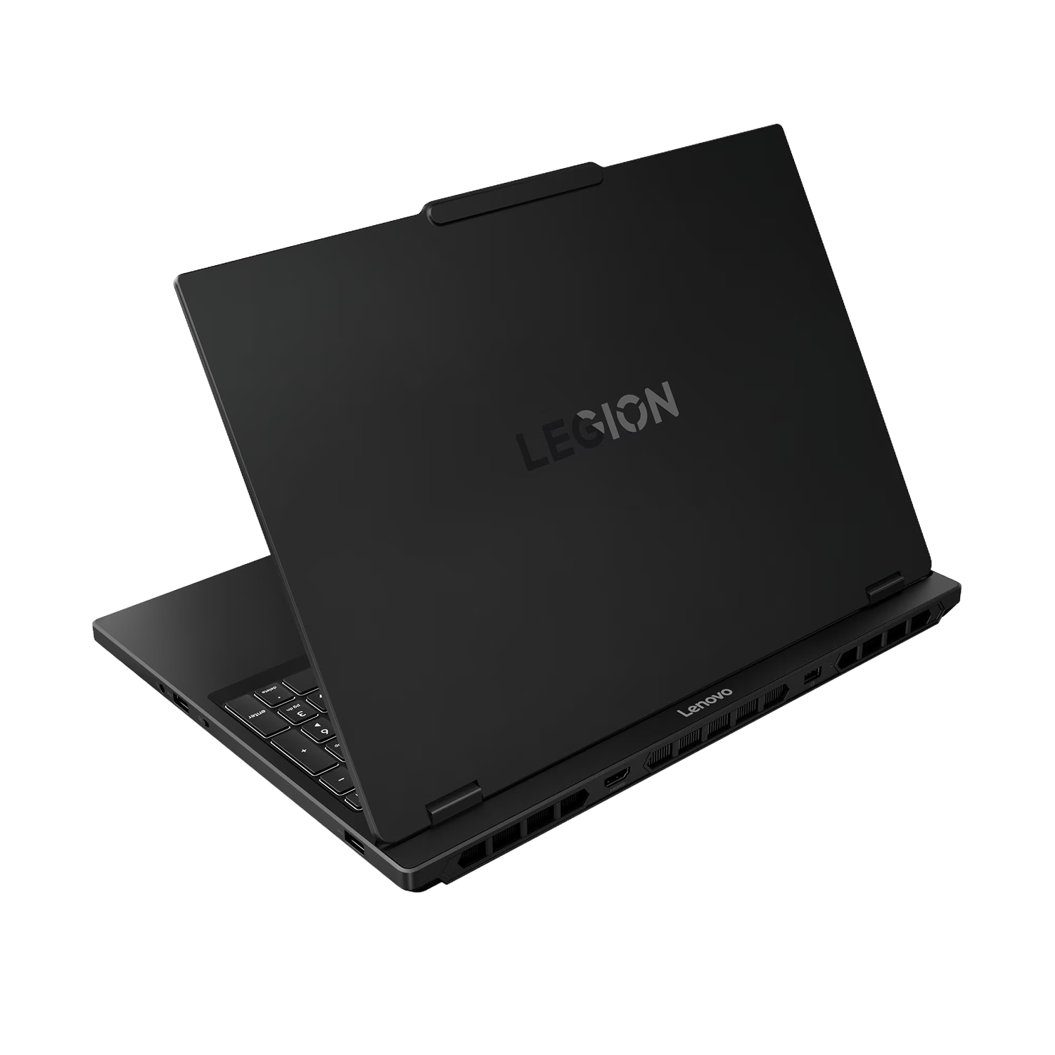 Siyah Lenovo Legion dizüstü bilgisayar, kısmen açık, klavye ve bağlantı noktaları görünüyor.