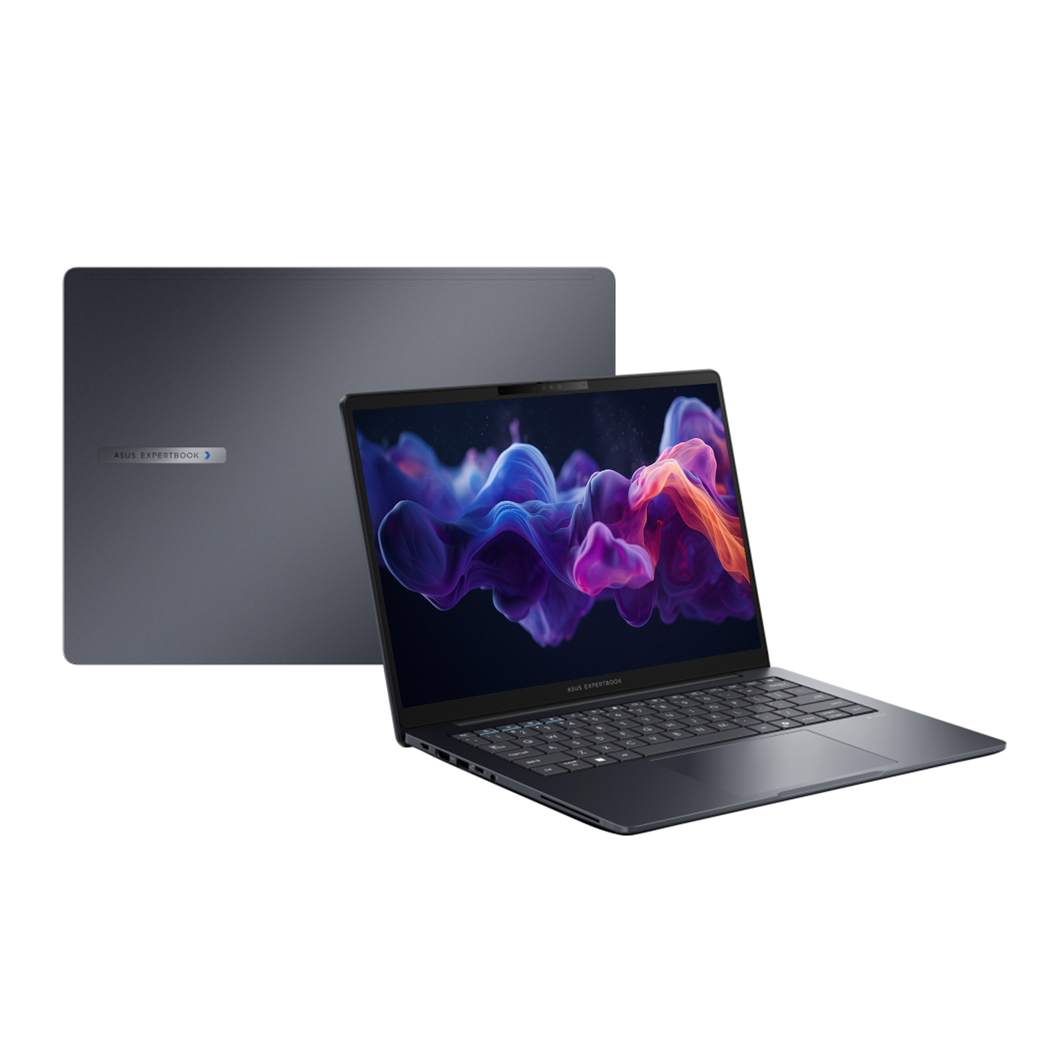 Renkli arka plana sahip kapalı ve açık koyu gri Asus Expertbook dizüstü bilgisayar.
