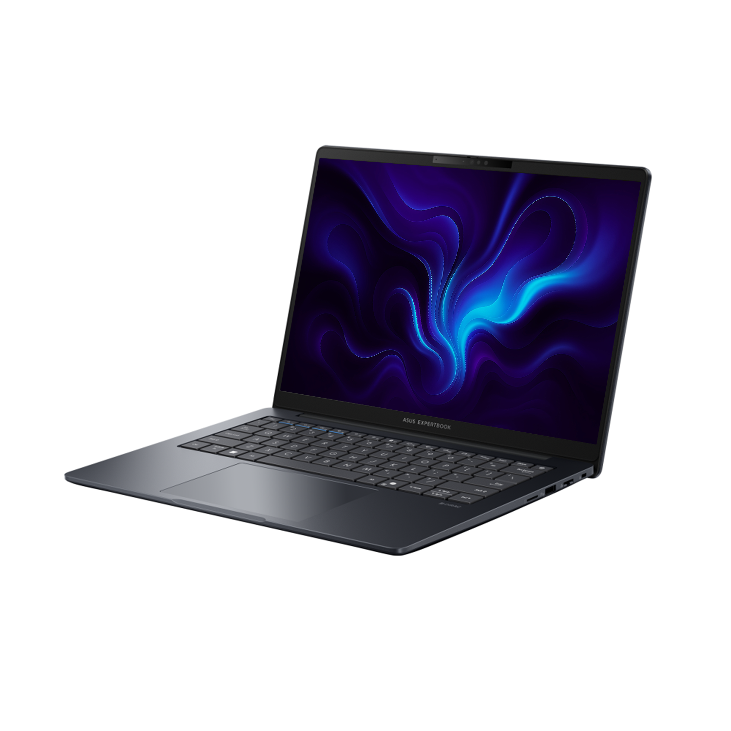 Koyu gri Asus dizüstü bilgisayar açık, ekranında canlı mavi ve mor soyut duvar kağıdı gösteriyor.